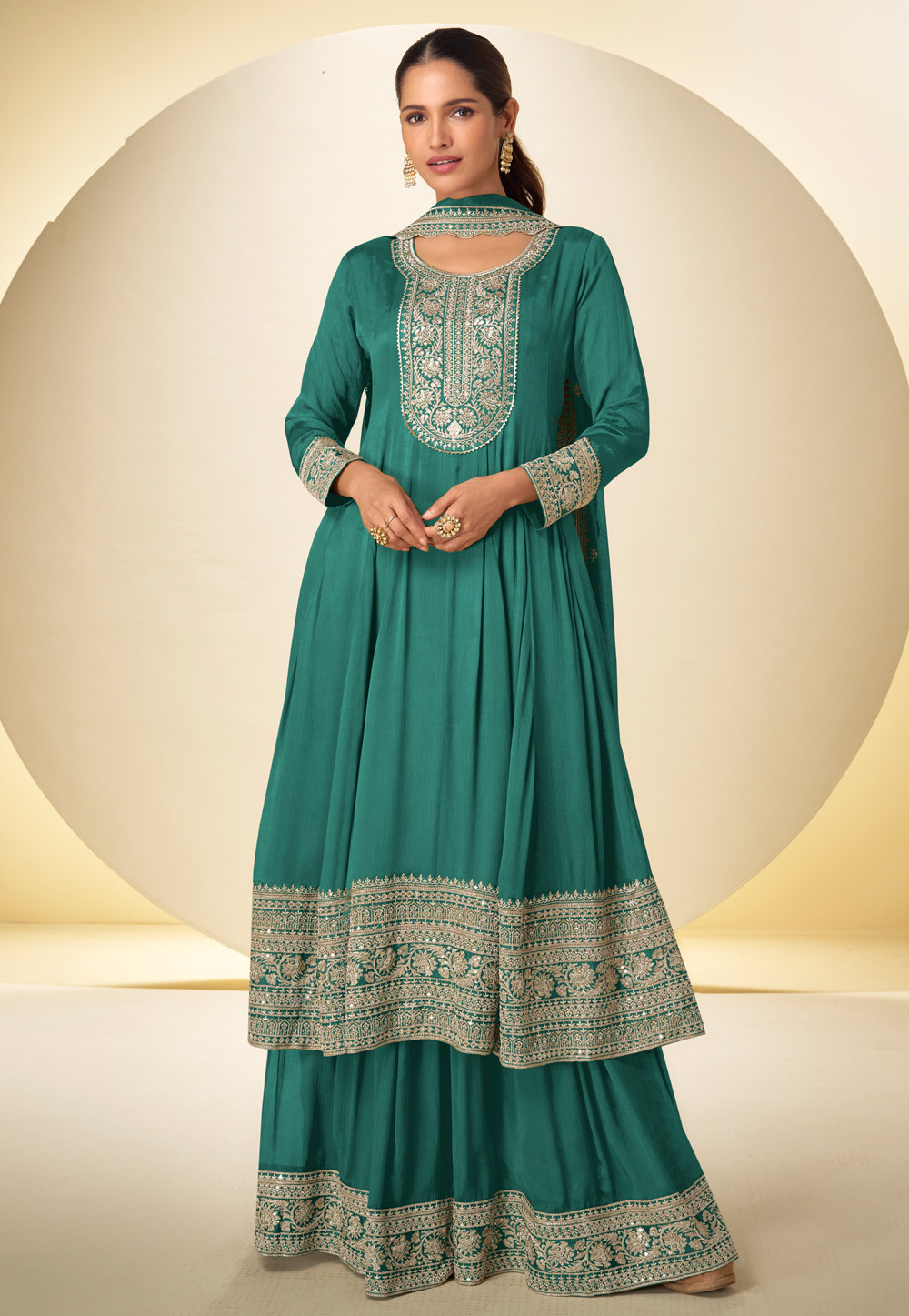 Teal Chinon Readymade Anarkali Suit 319364