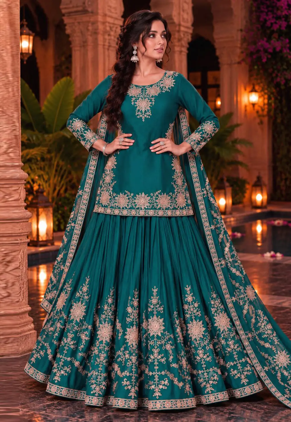 Teal Chinon Readymade Indo Western Lehenga Choli 336395