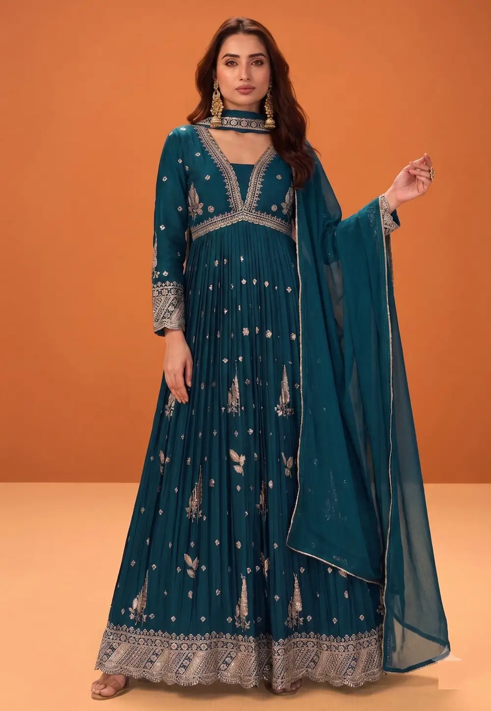Teal Chinon Readymade Long Anarkali Suit 334729