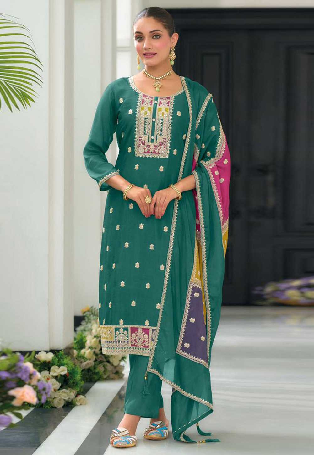 Teal Chinon Readymade Pakistani Suit 318273