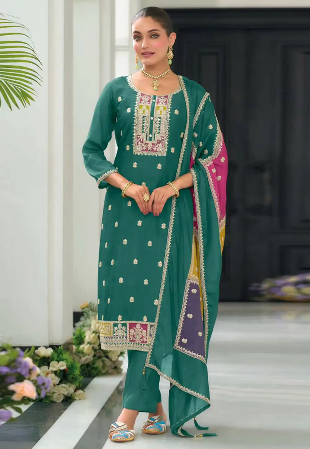 Teal Chinon Readymade Pakistani Suit 318273