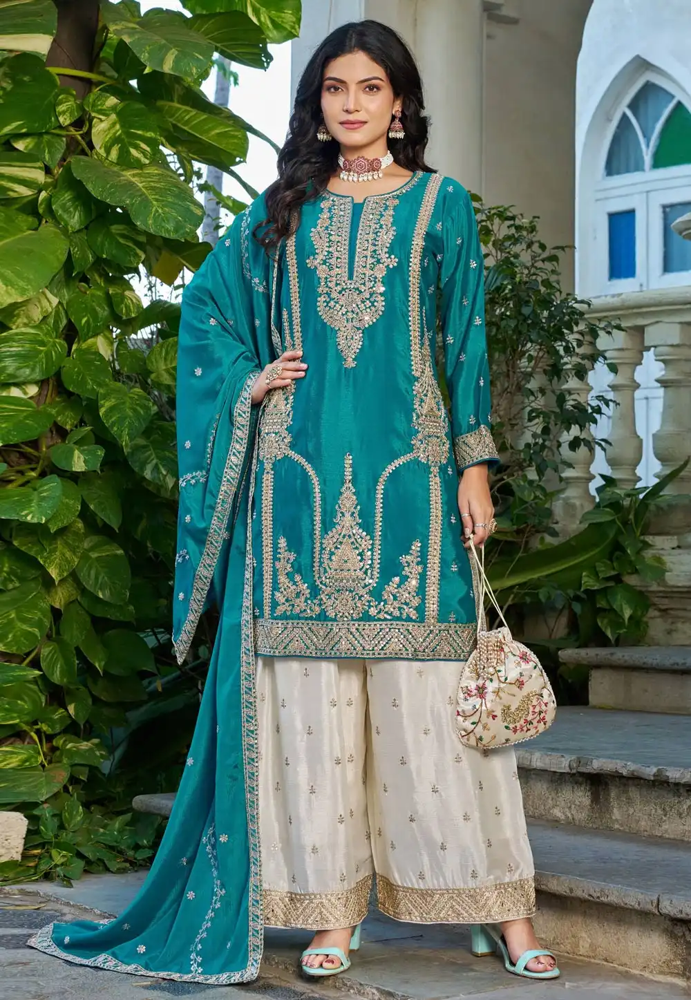 Teal Chinon Readymade Pakistani Suit 328681