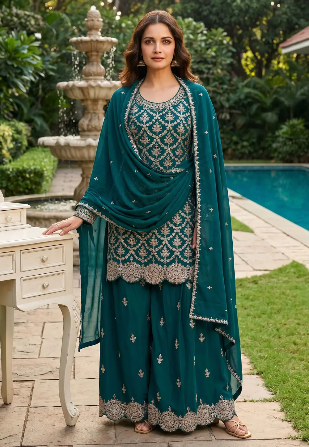 Teal Chinon Readymade Pakistani Suit 331471