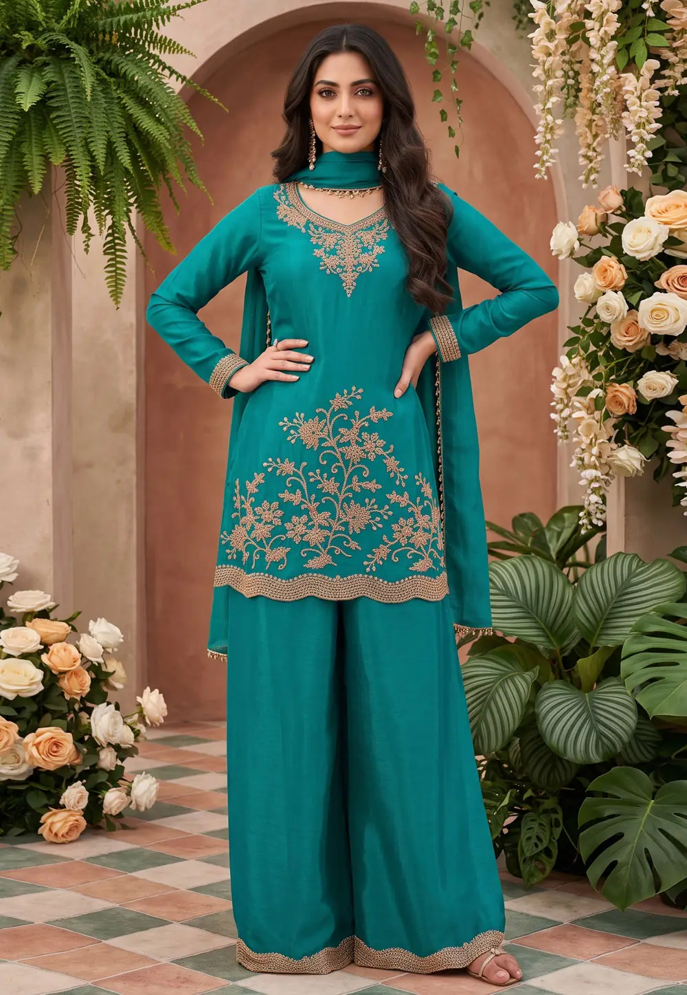 Teal Chinon Readymade Pakistani Suit 333795