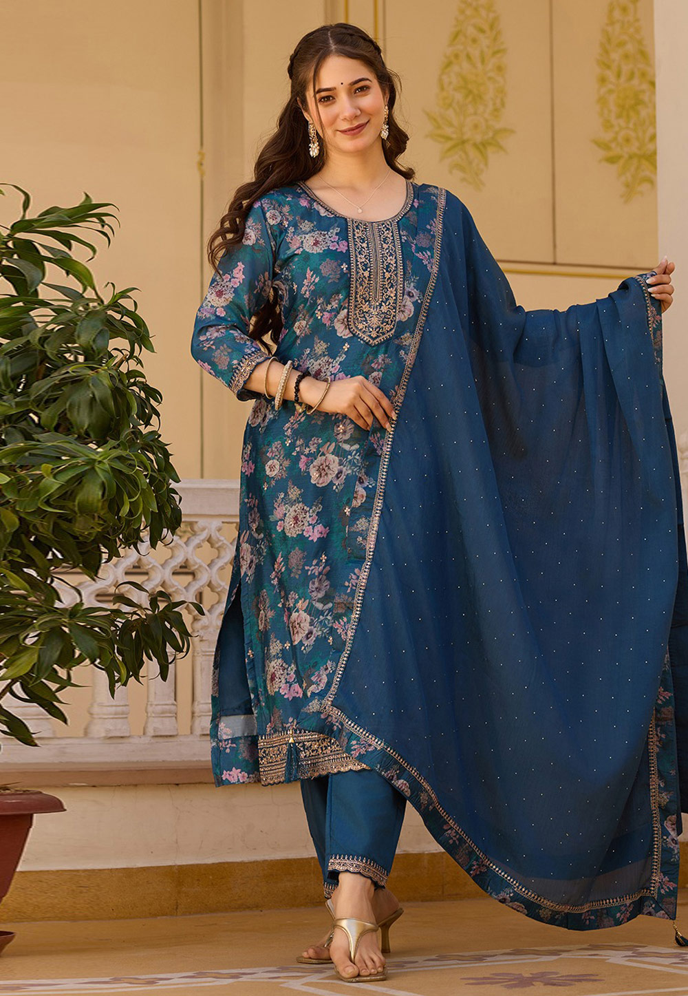 Teal Chinon Readymade Pakistani Suit 312336