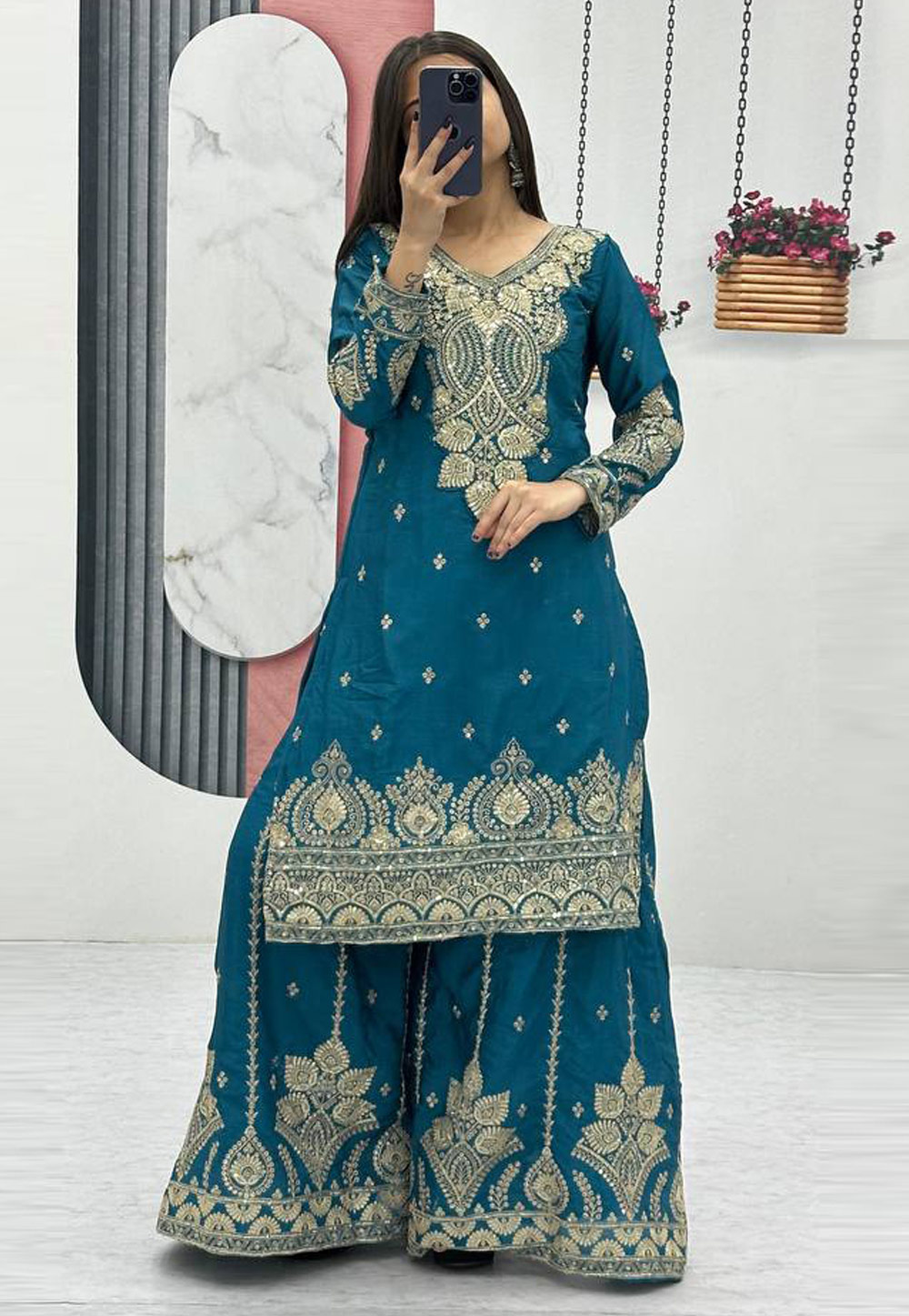 Teal Chinon Readymade Pakistani Suit 328905