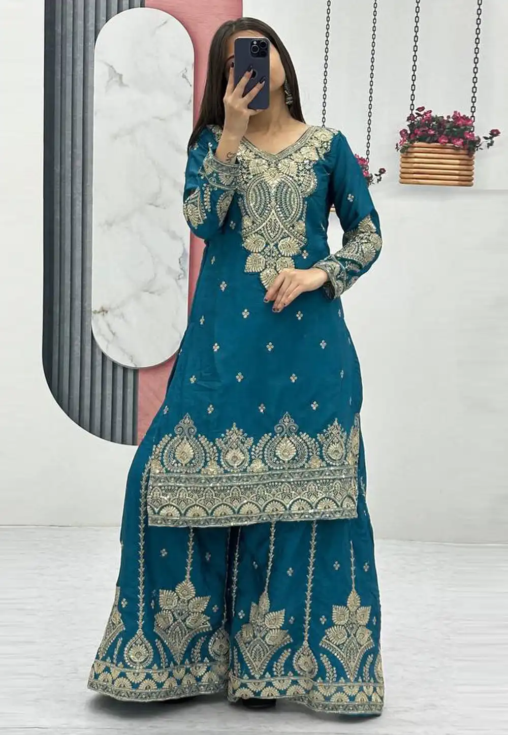 Teal Chinon Readymade Pakistani Suit 328905