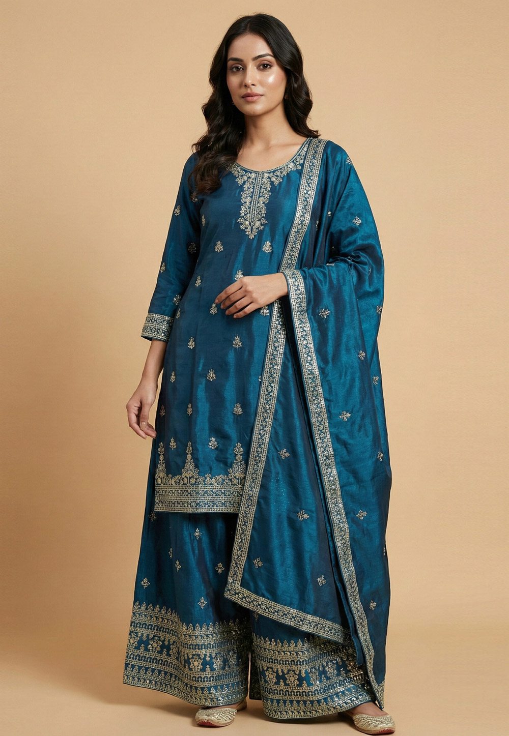 Teal Chinon Readymade Palazzo Suit 323858
