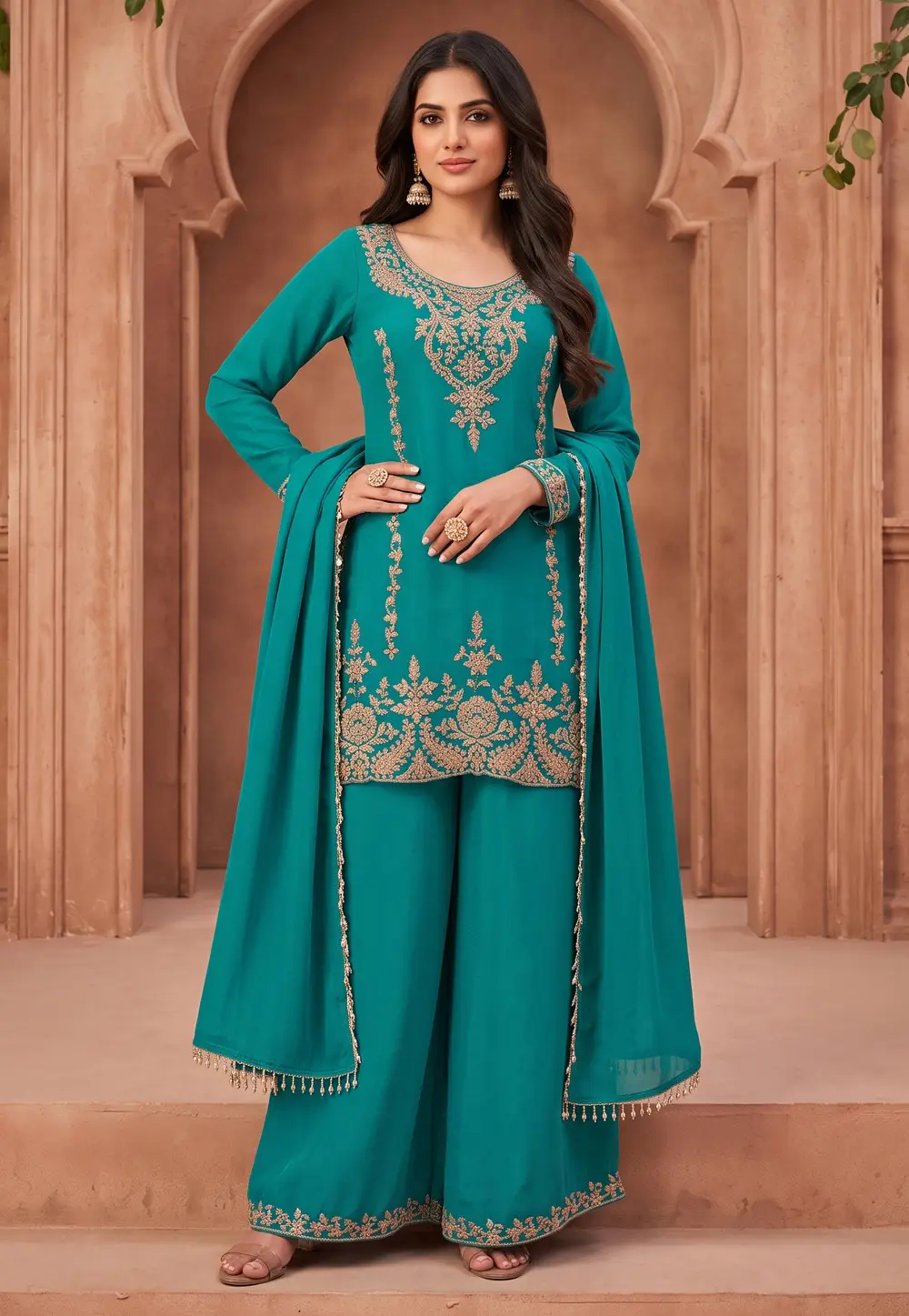 Teal Chinon Readymade Palazzo Suit 333580