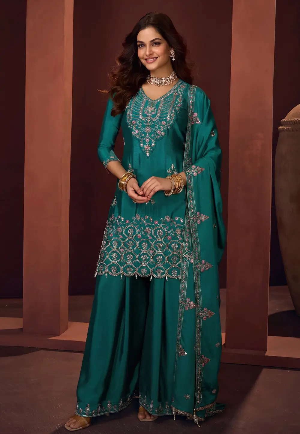 Teal Chinon Readymade Palazzo Suit 332271