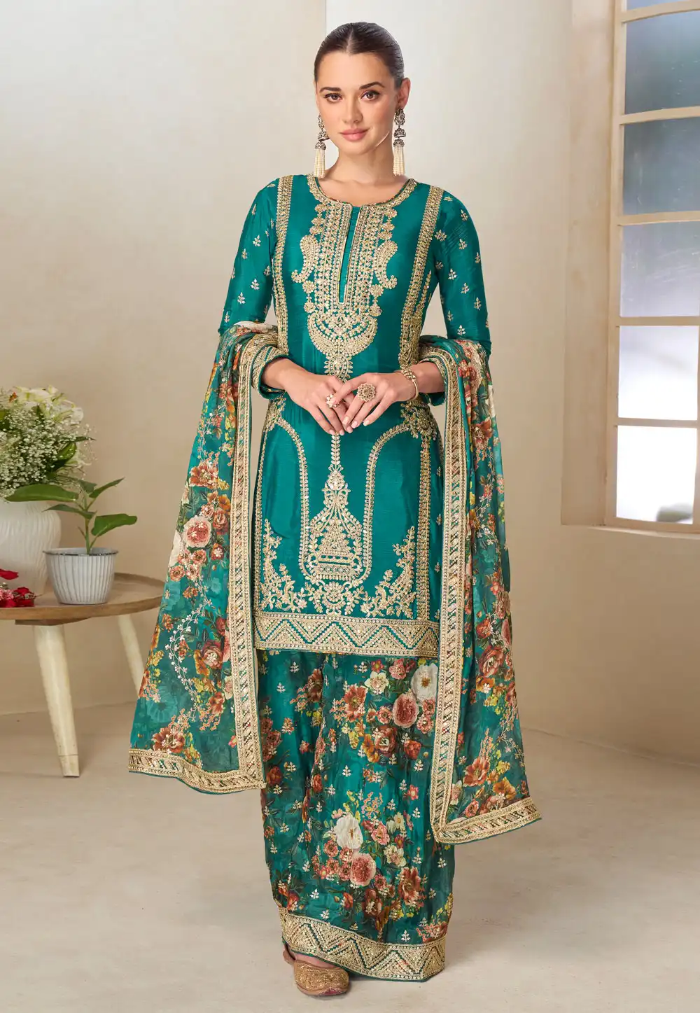 Teal Chinon Readymade Palazzo Suit 314601