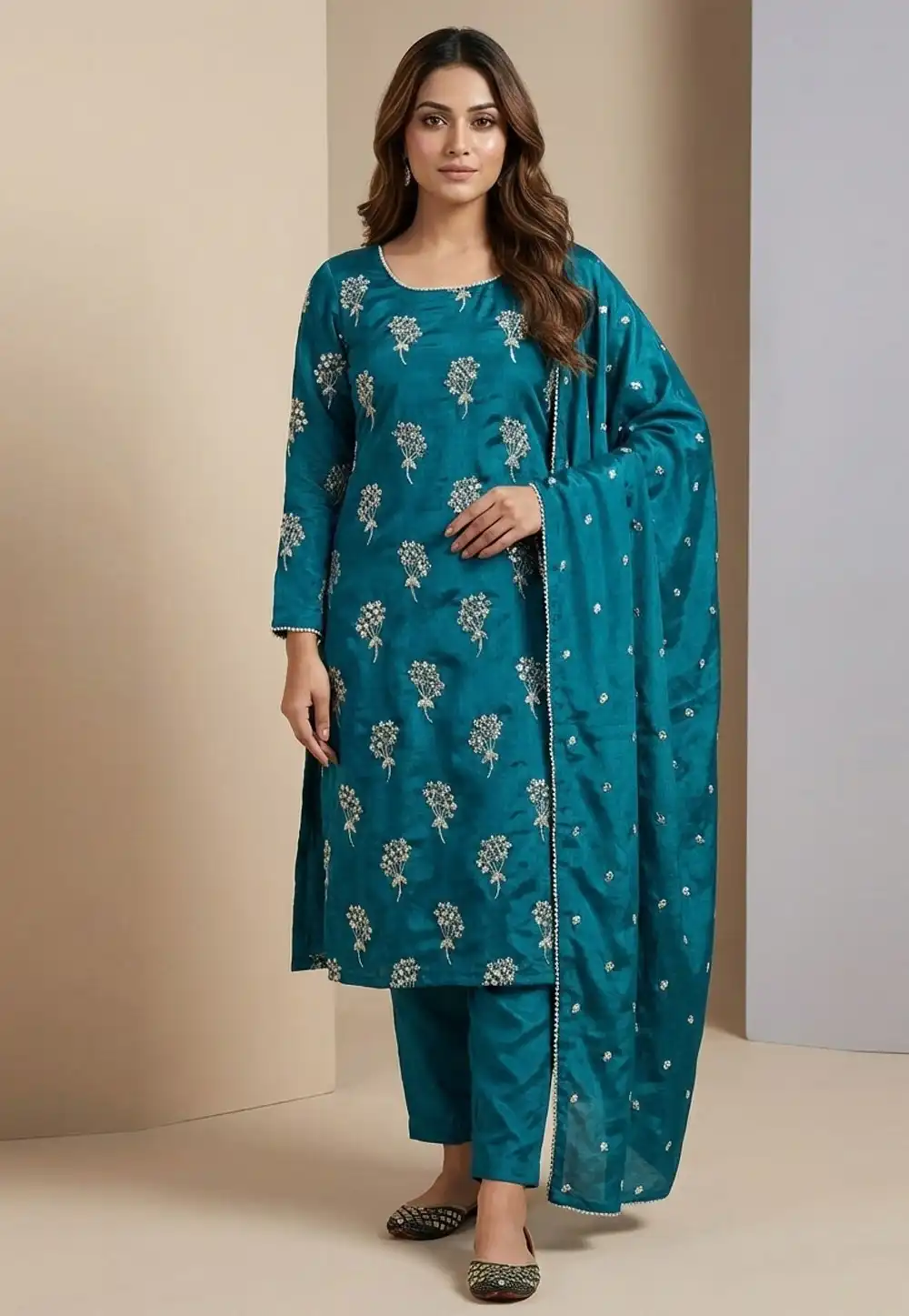 Teal Chinon Readymade Pant Style Suit 323310