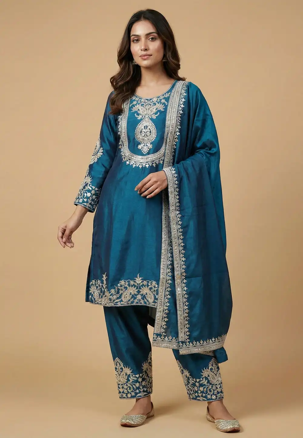 Teal Chinon Readymade Pant Style Suit 323872