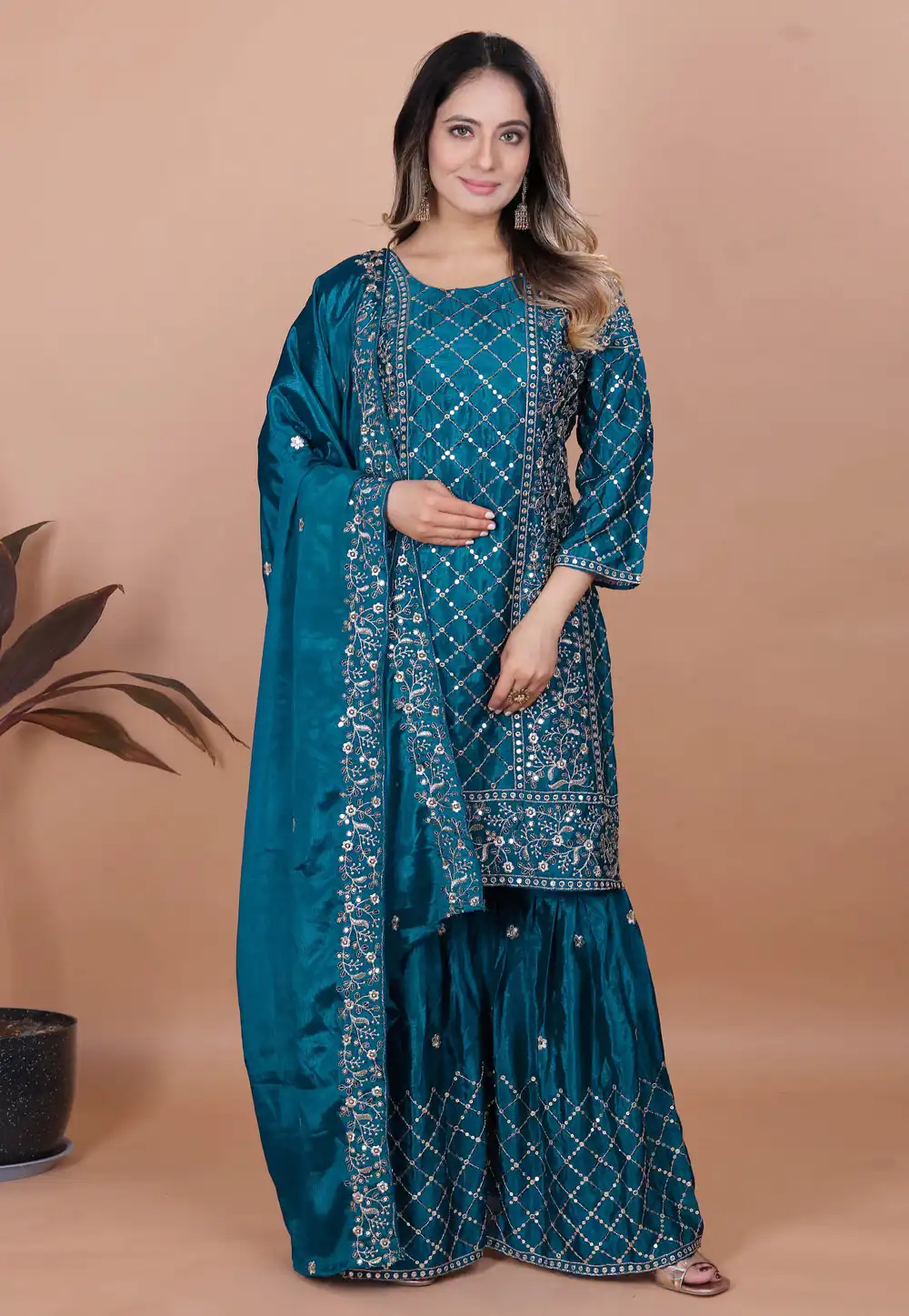 Teal Chinon Readymade Sharara Suit 314223