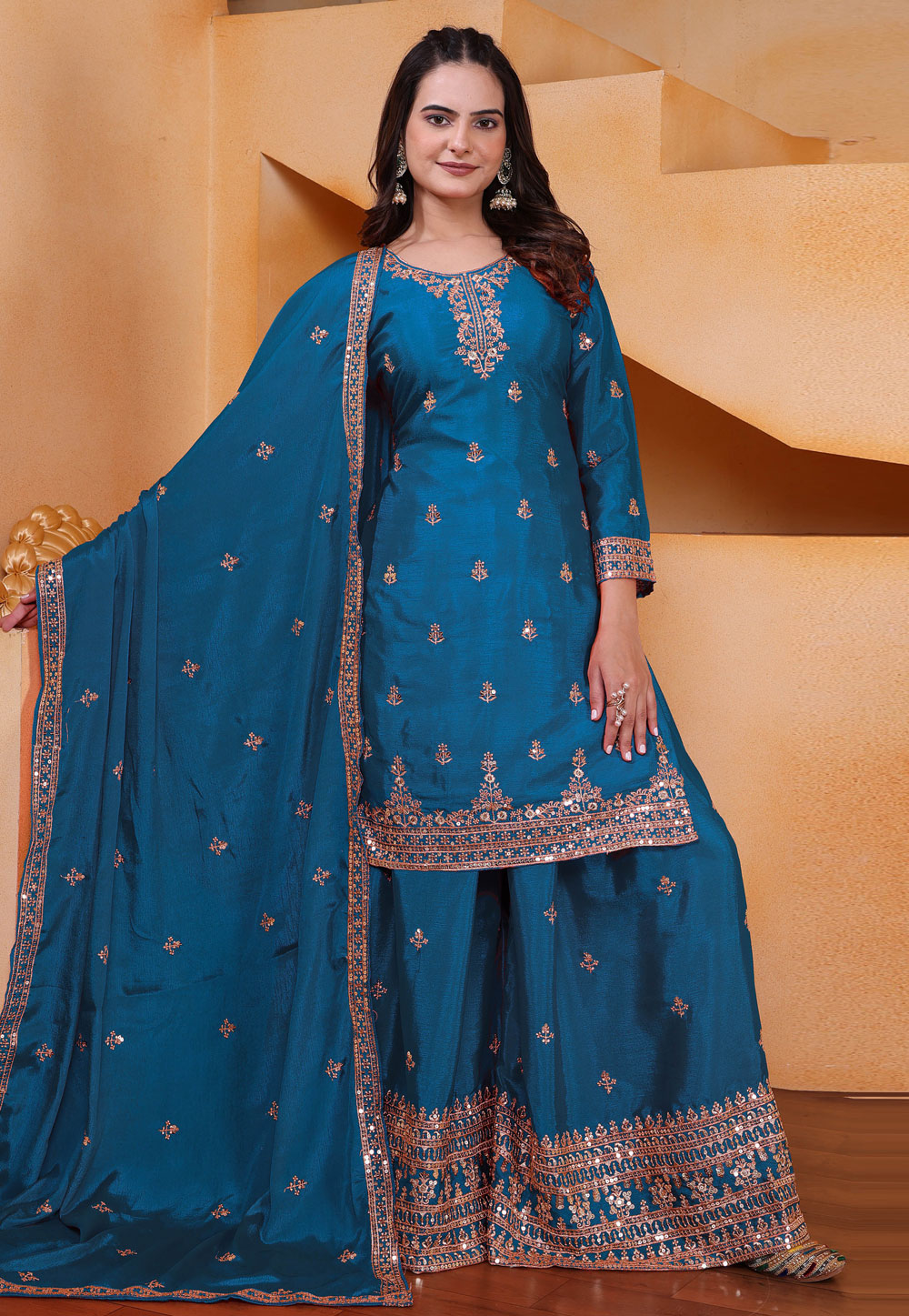 Teal Chinon Readymade Sharara Suit 322782