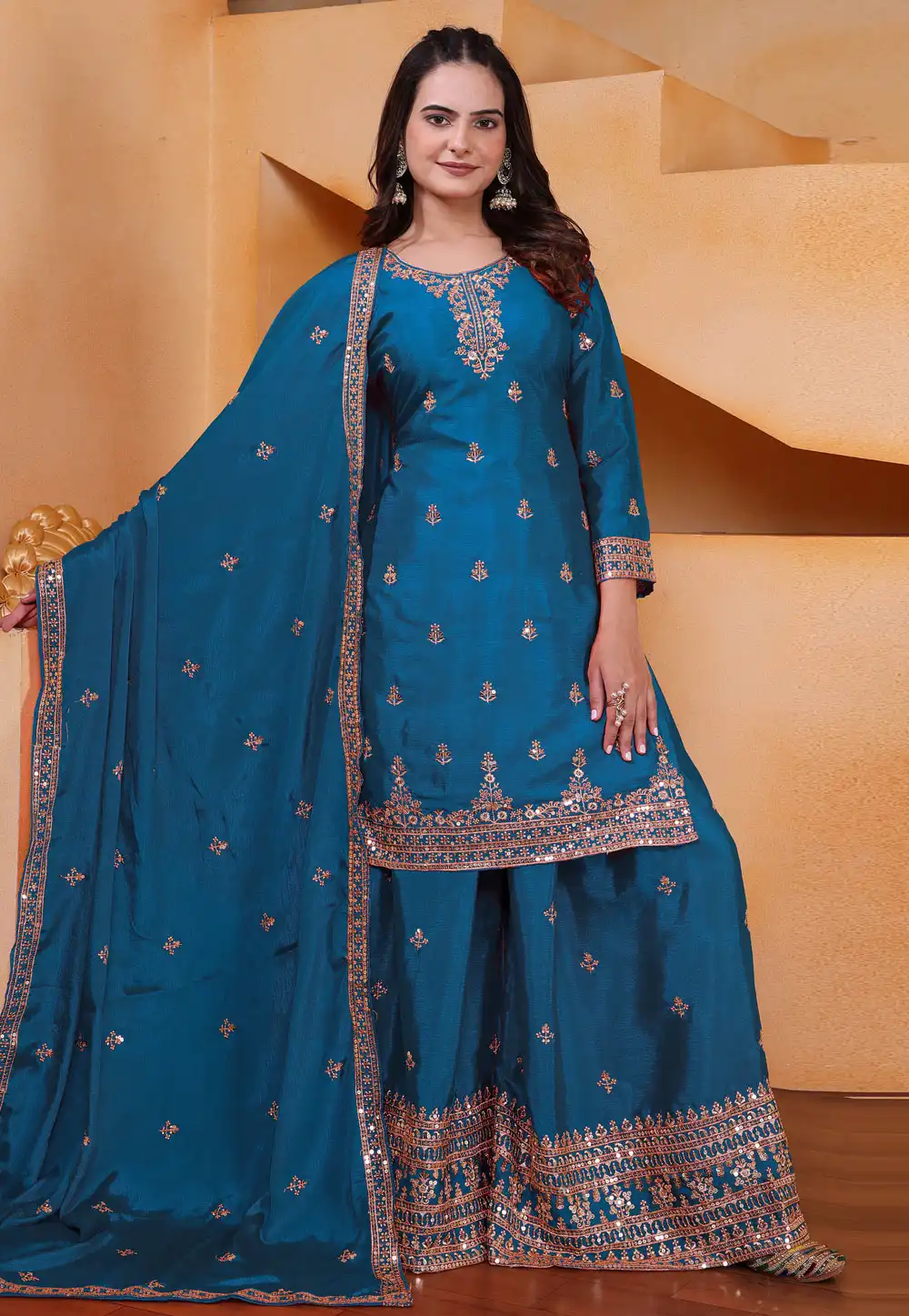 Teal Chinon Readymade Sharara Suit 322782