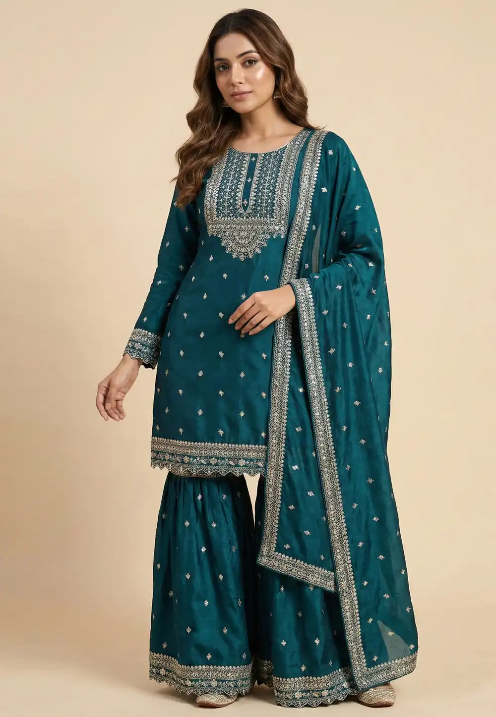 Teal Chinon Readymade Sharara Suit 323814