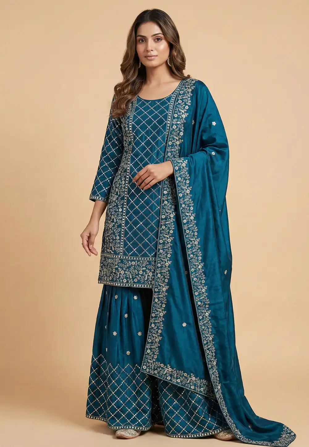 Teal Chinon Readymade Sharara Suit 323834