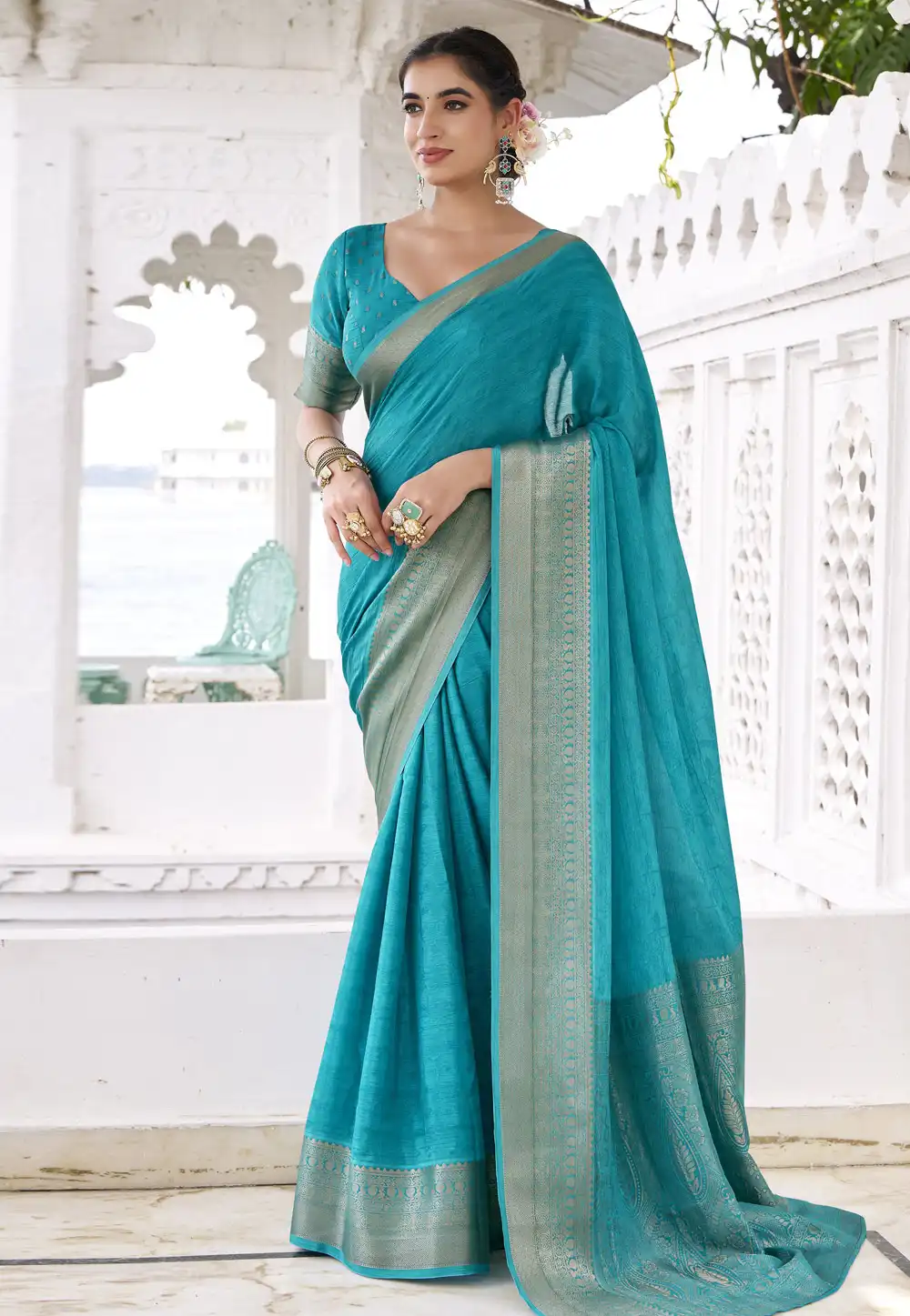Teal Chinon Saree With Blouse 321505
