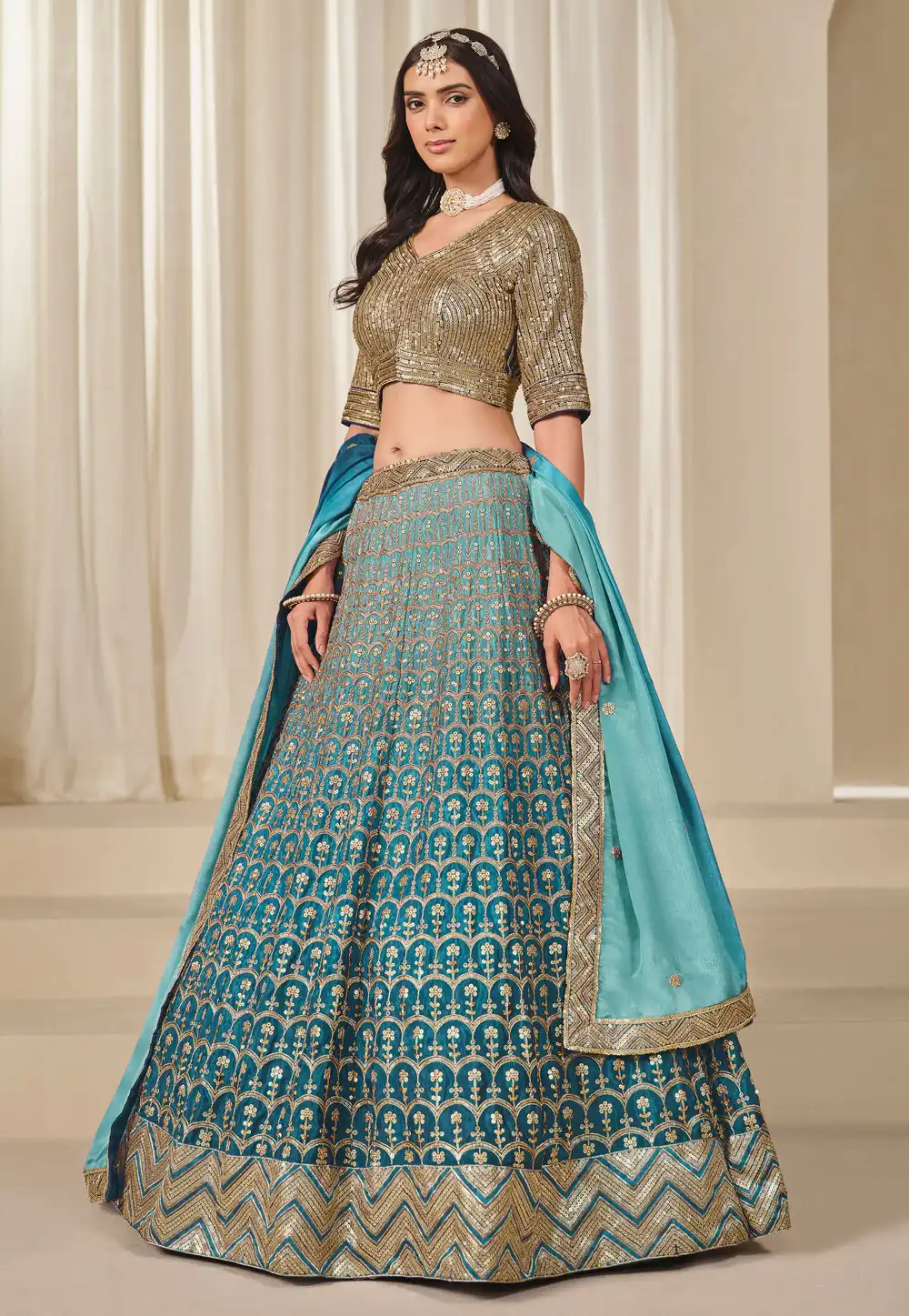 Teal Chinon Silk Circular Lehenga Choli 313739