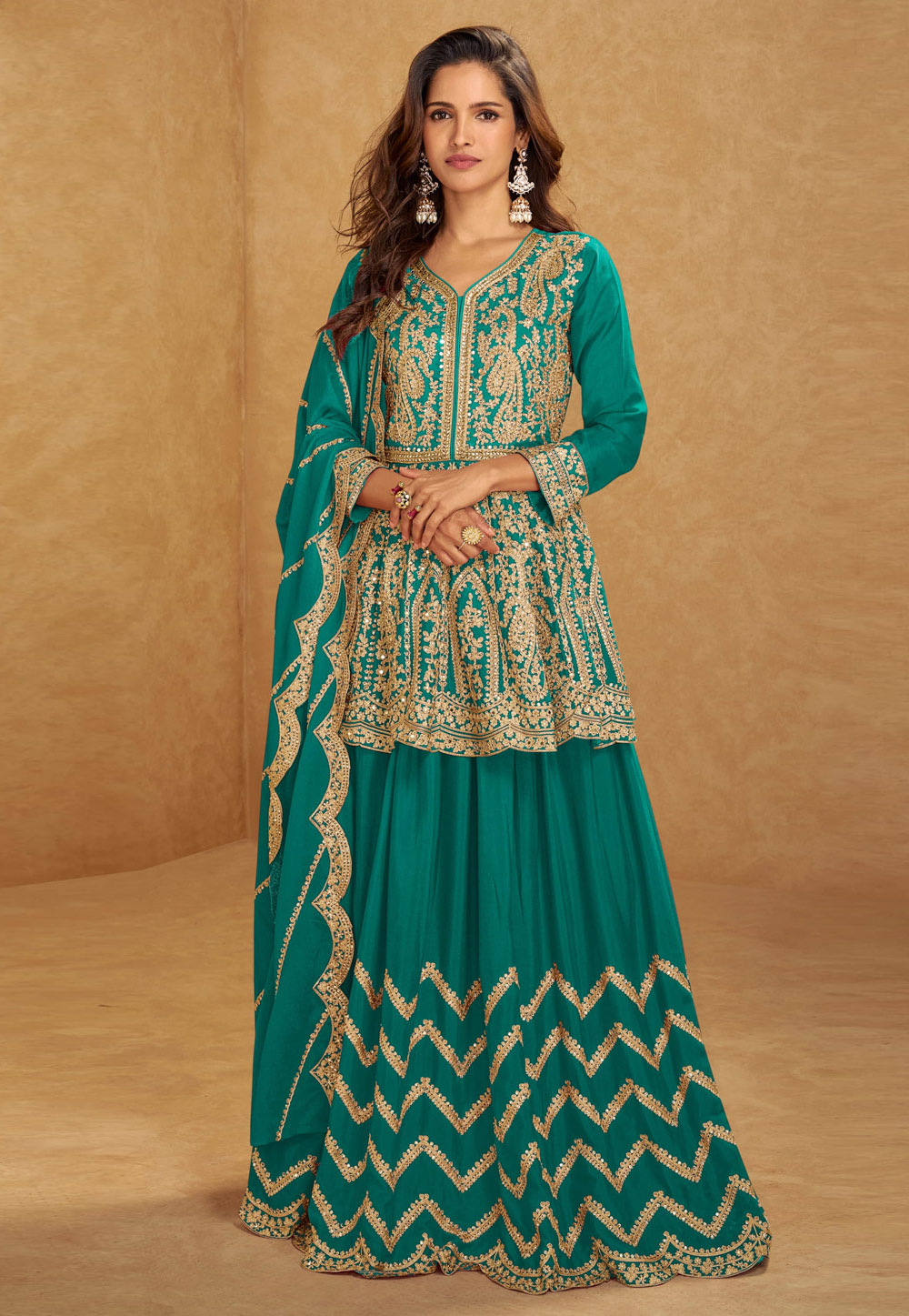 Teal Chinon Silk Indo Western Lehenga Choli 308439