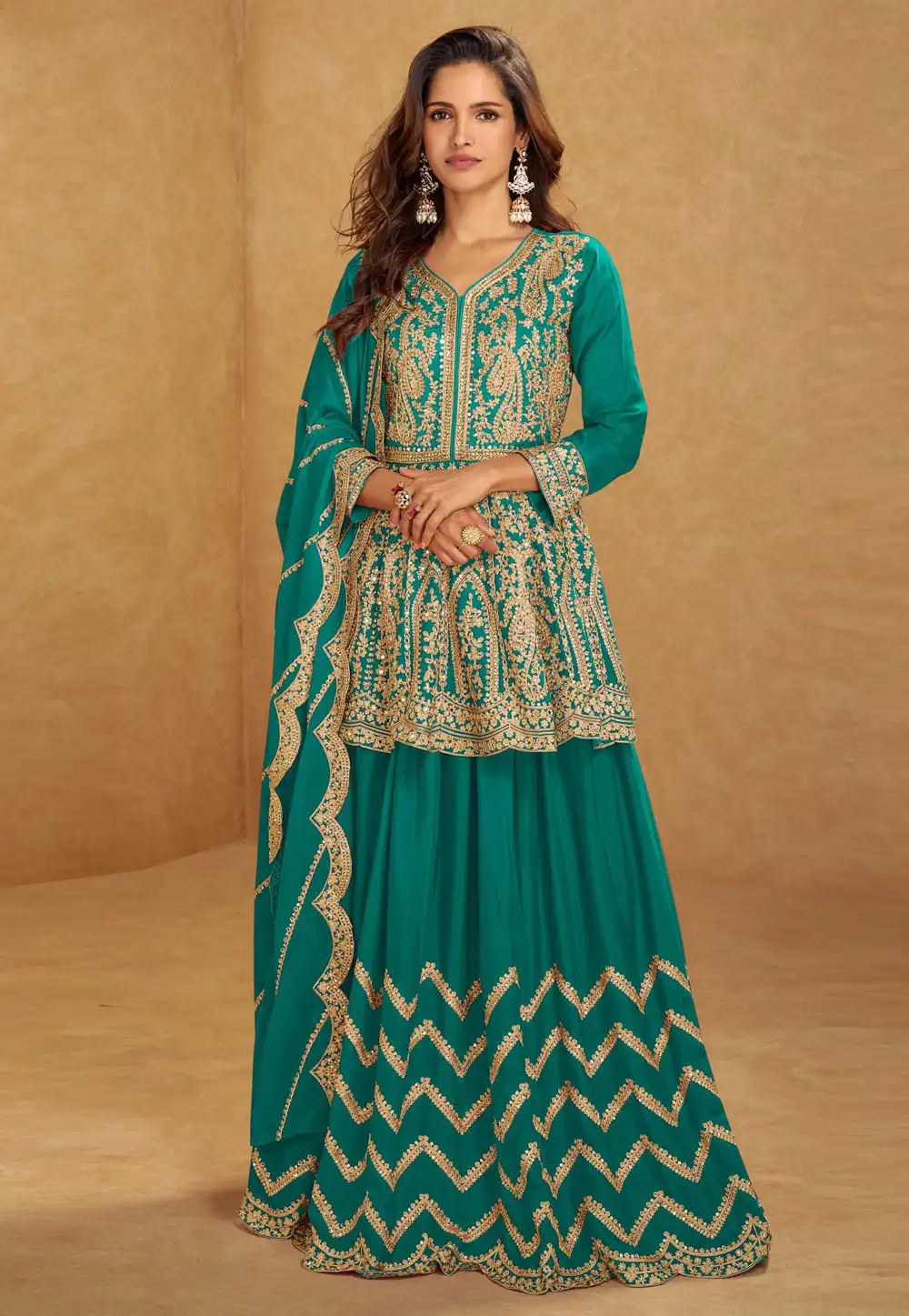 Teal Chinon Silk Indo Western Lehenga Choli 308439