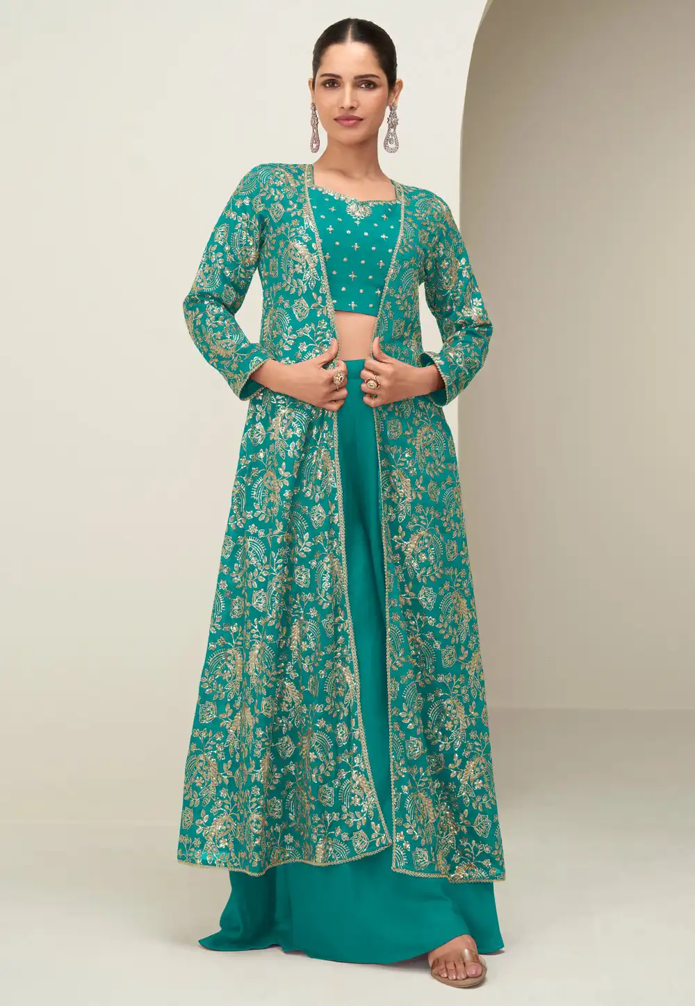 Teal Chinon Silk Jacket Style Suit 317651