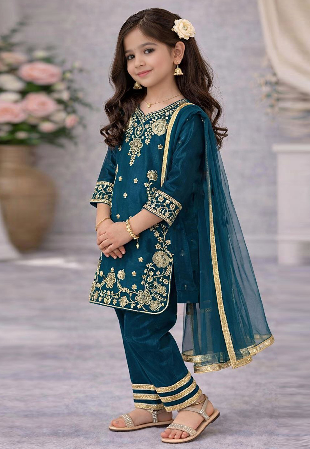 Teal Chinon Silk Kids Salwar Suit 329911