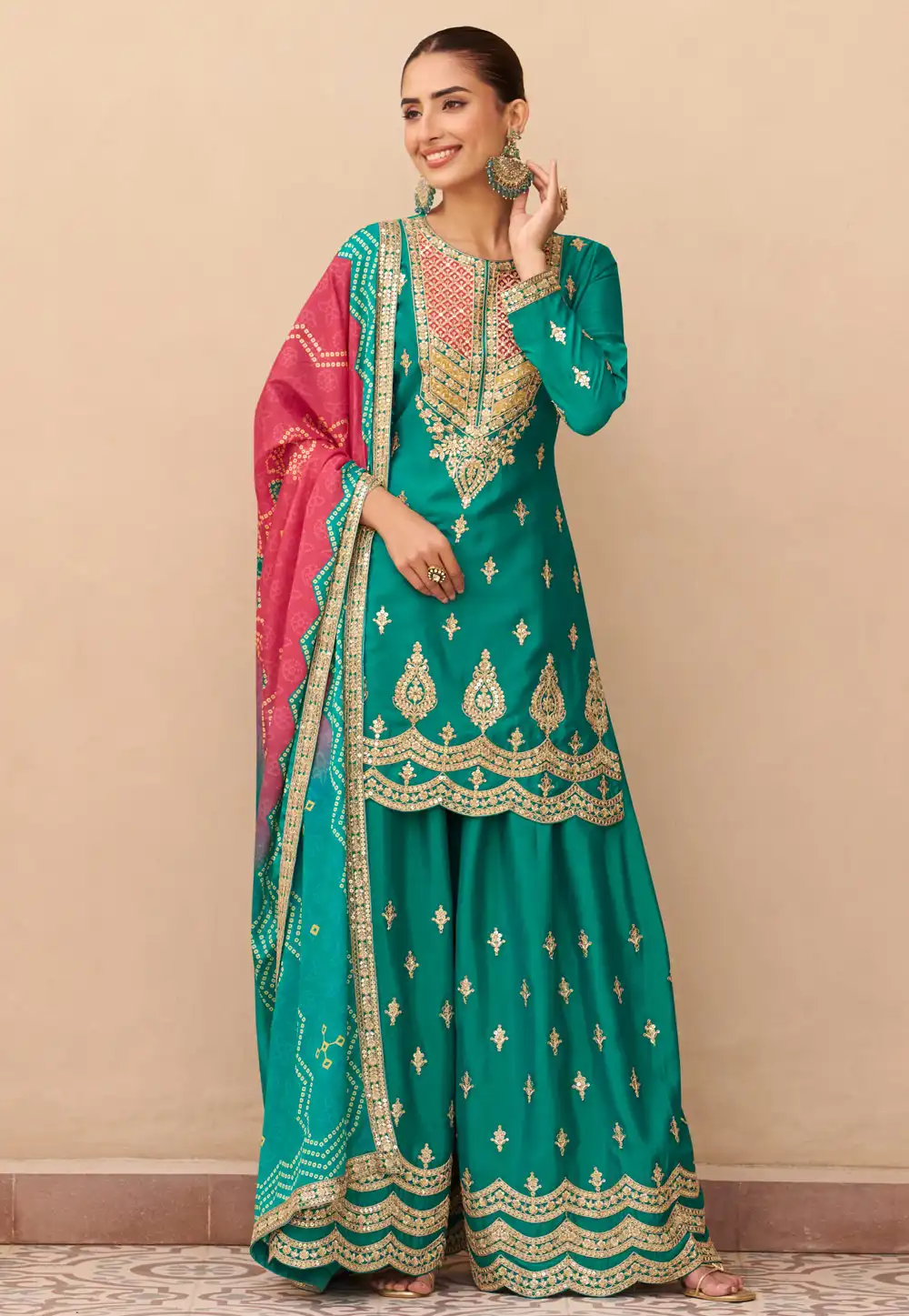 Teal Chinon Silk Pakistani Suit 319242