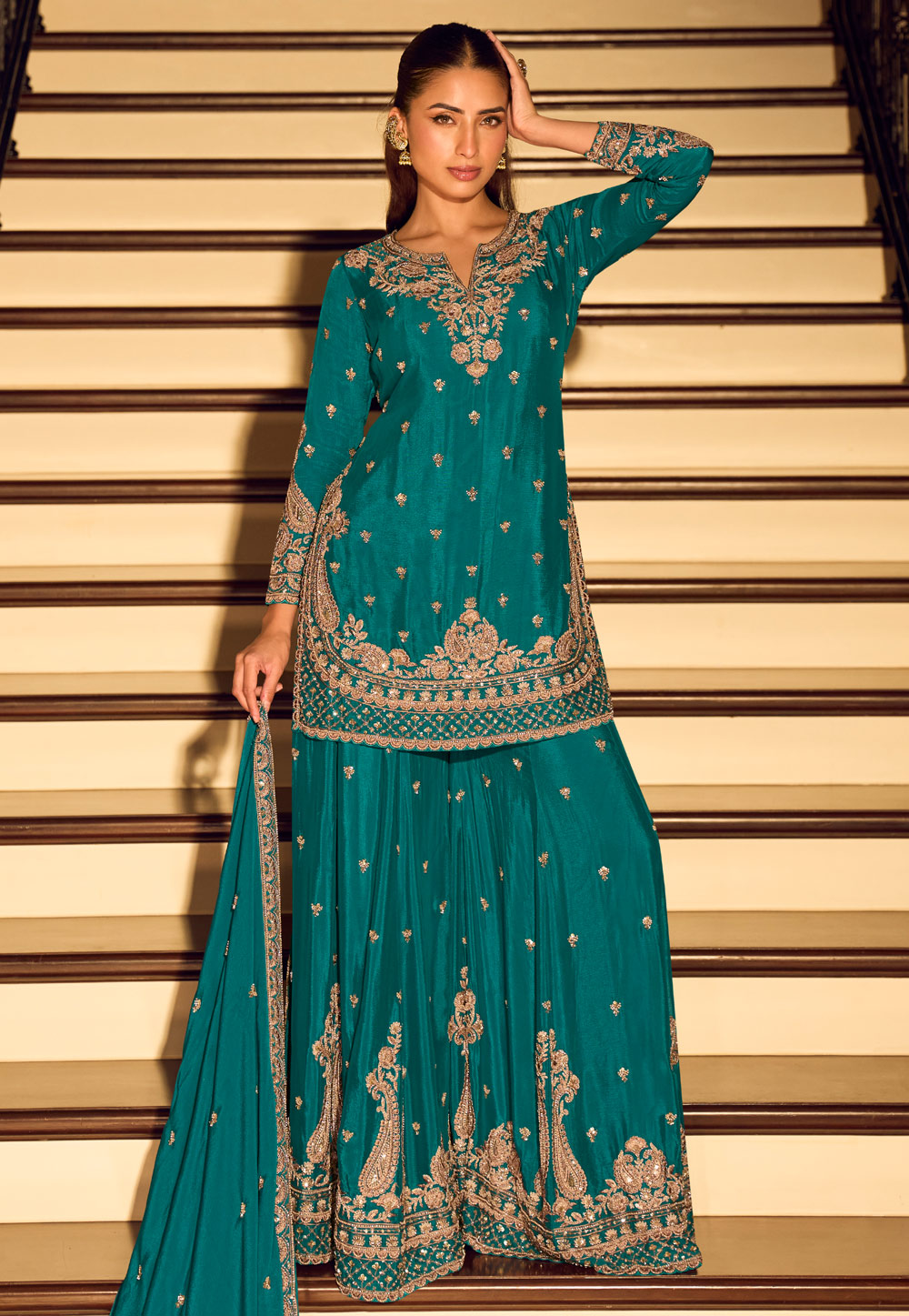 Teal Chinon Silk Palazzo Suit 322077