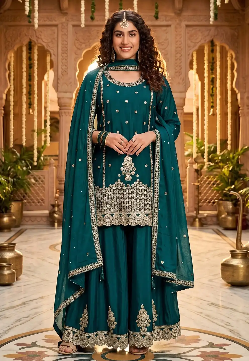 Teal Chinon Silk Palazzo Suit 328368