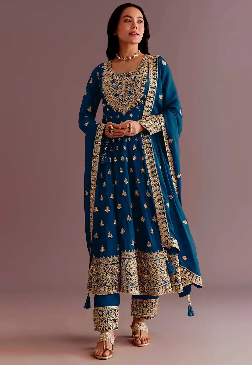 Teal Chinon Silk Readymade Anarkali Suit 328883