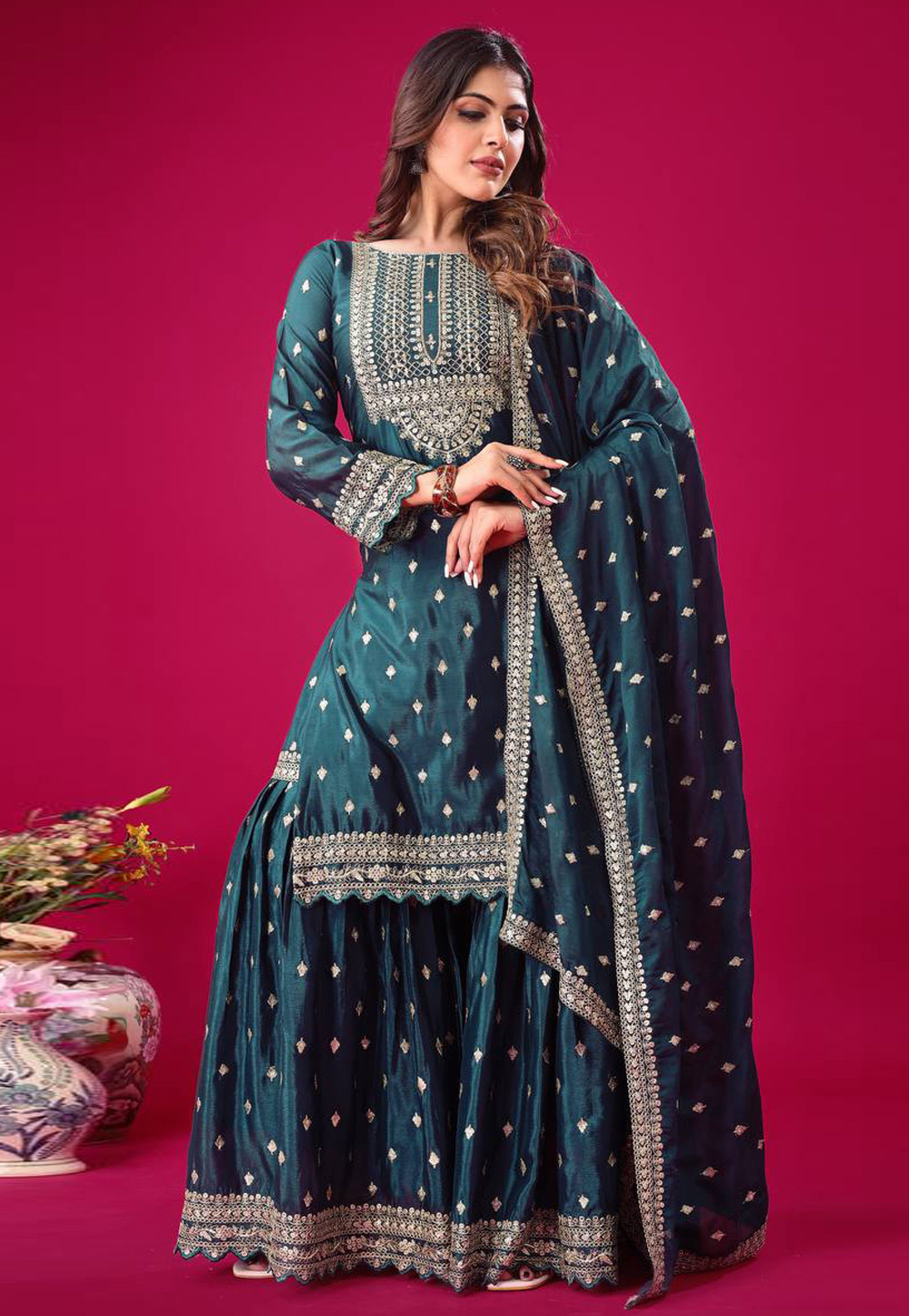 Teal Chinon Silk Readymade Gharara Suit 308154