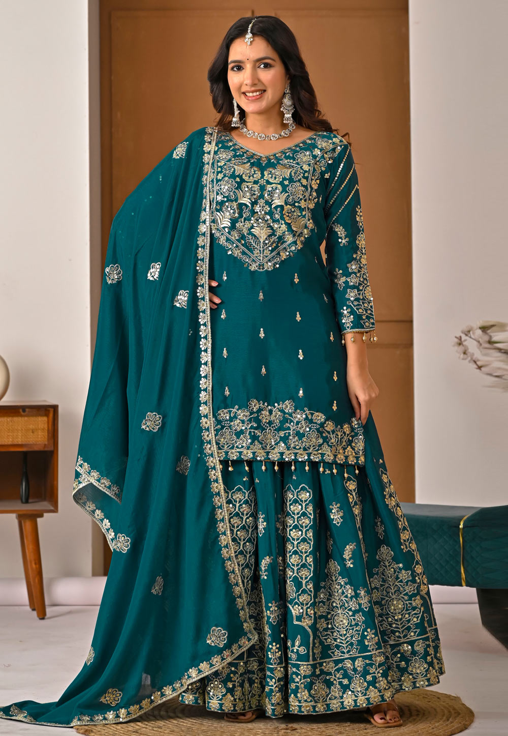 Teal Chinon Silk Readymade Indo Western Lehenga Choli 324168