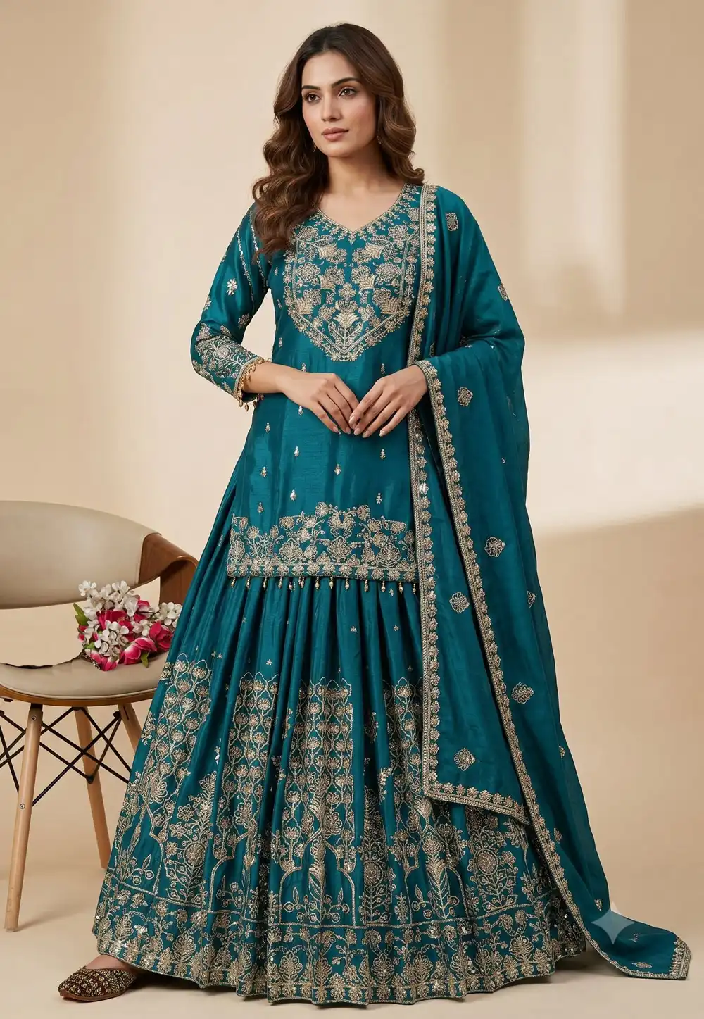 Teal Chinon Silk Readymade Indo Western Lehenga Choli 330356