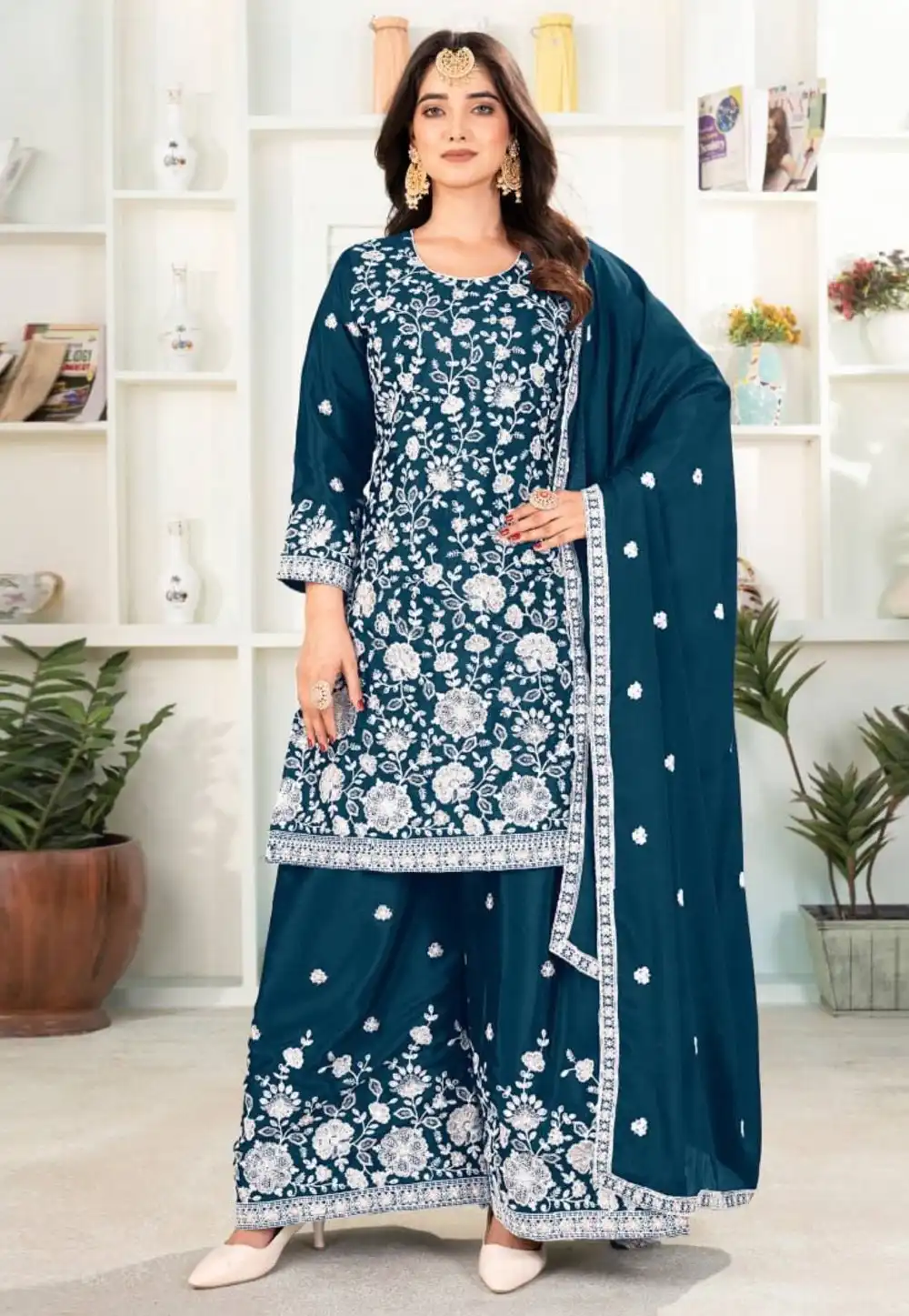 Teal Chinon Silk Readymade Pakistani Suit 320364