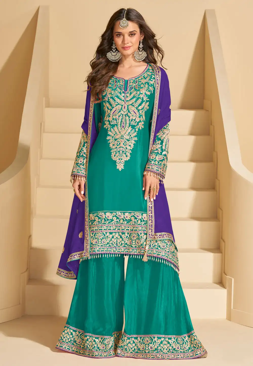 Teal Chinon Silk Readymade Pakistani Suit 316940
