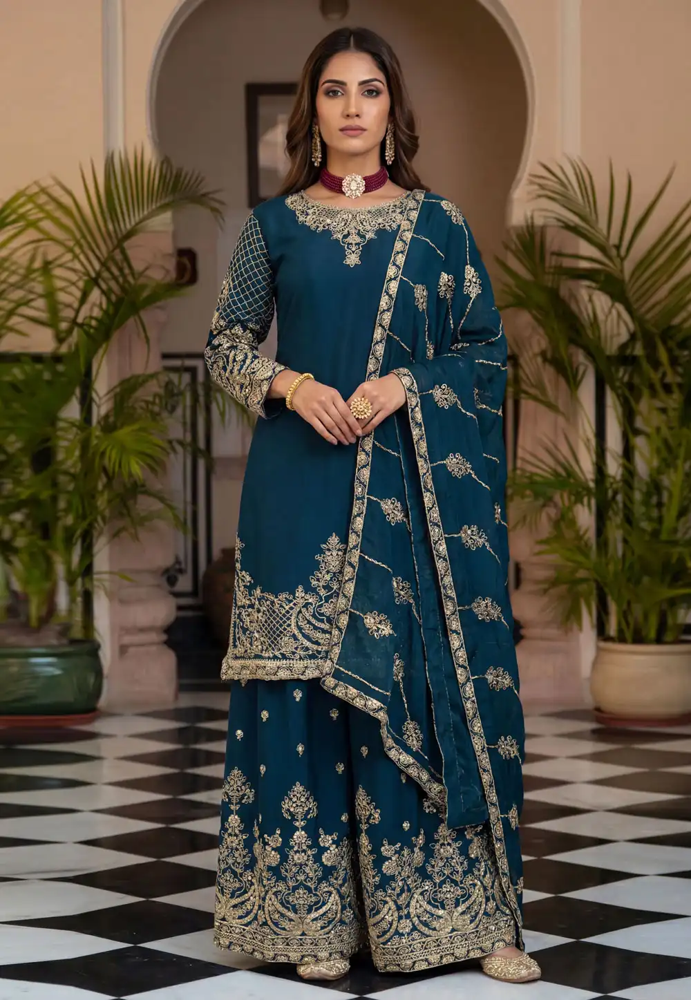 Teal Chinon Silk Readymade Pakistani Suit 322424