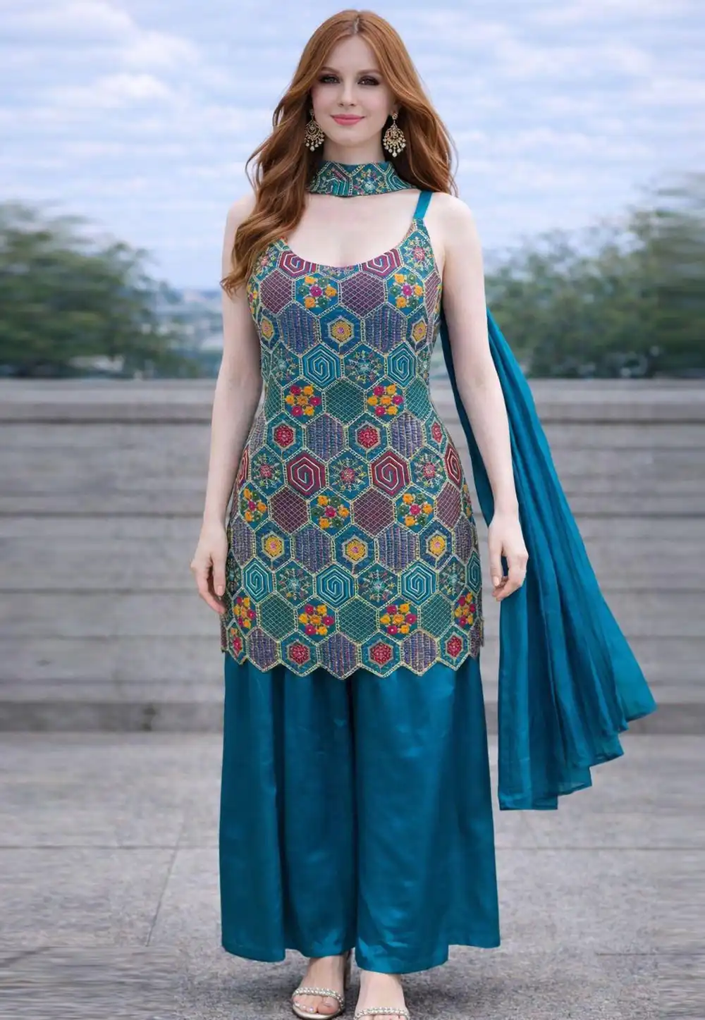 Teal Chinon Silk Readymade Pakistani Suit 323319