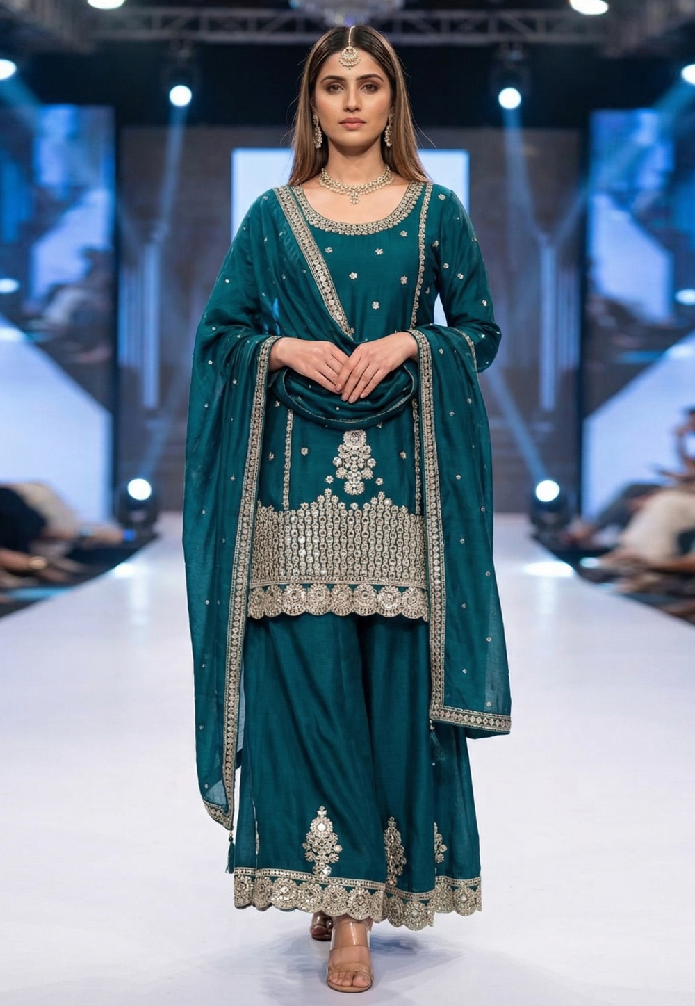 Teal Chinon Silk Readymade Palazzo Suit 326450