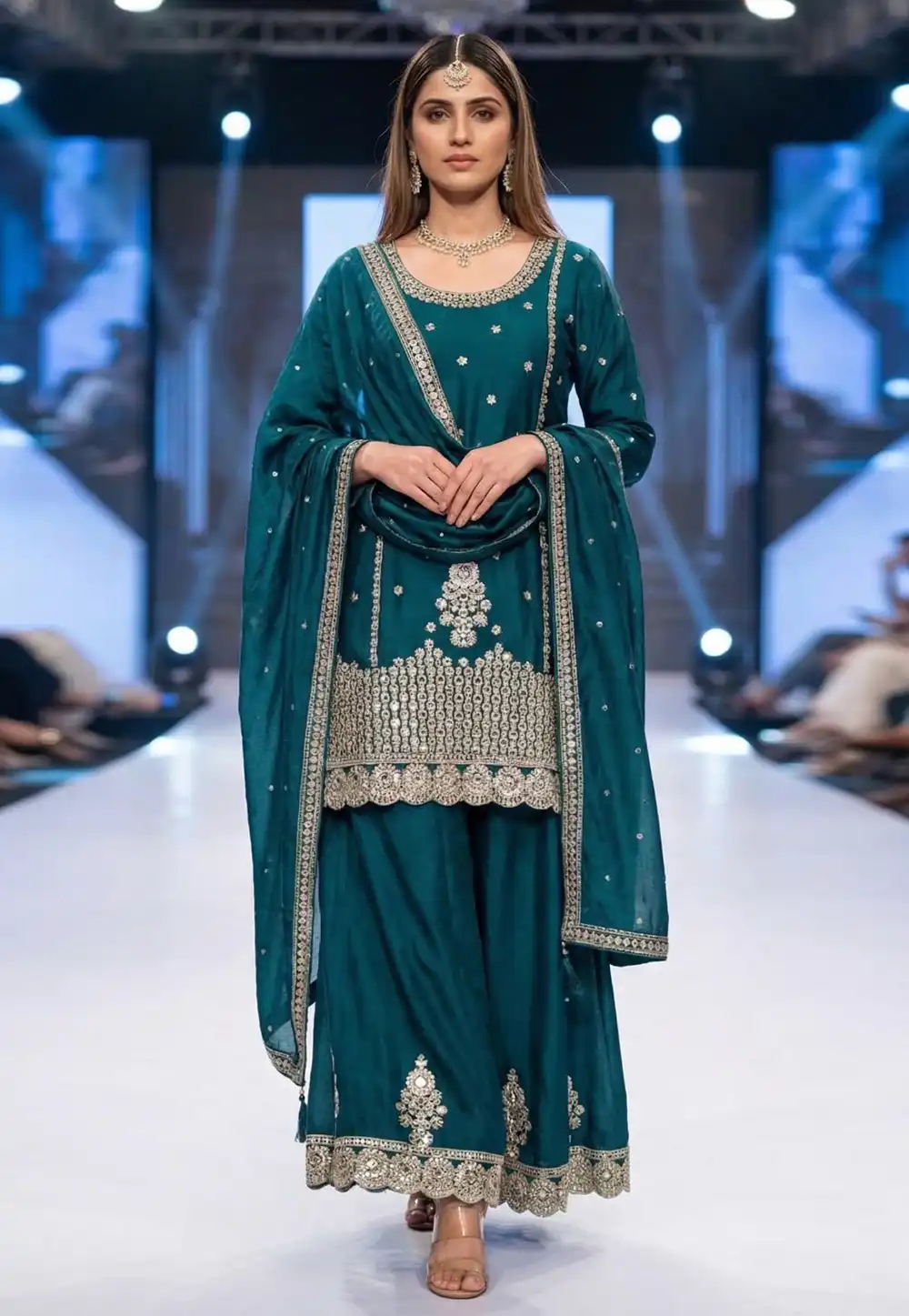 Teal Chinon Silk Readymade Palazzo Suit 326450