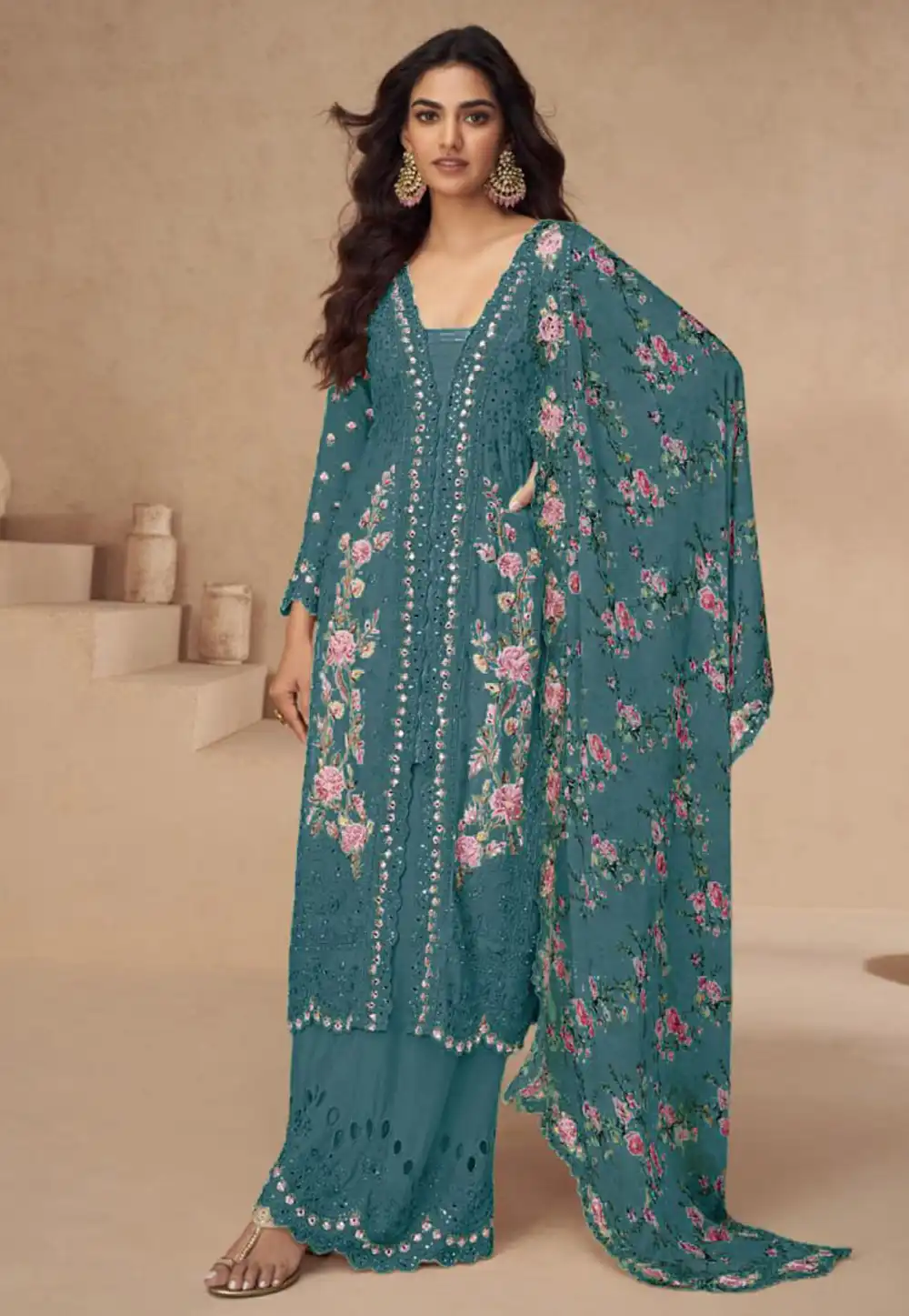 Teal Chinon Silk Readymade Palazzo Suit 317210