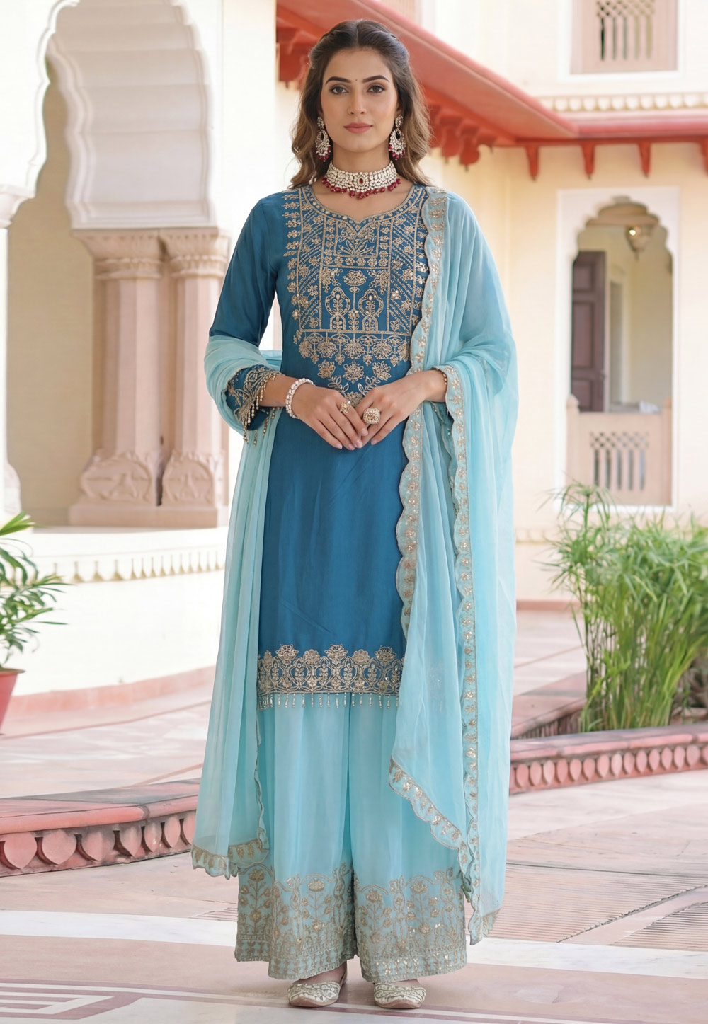 Teal Chinon Silk Readymade Palazzo Suit 323342
