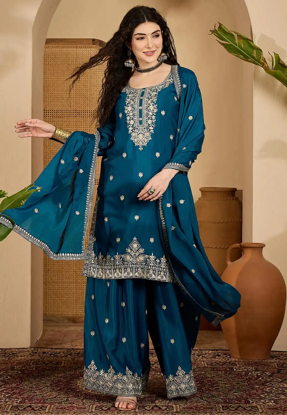 Teal Chinon Silk Readymade Palazzo Suit 329570