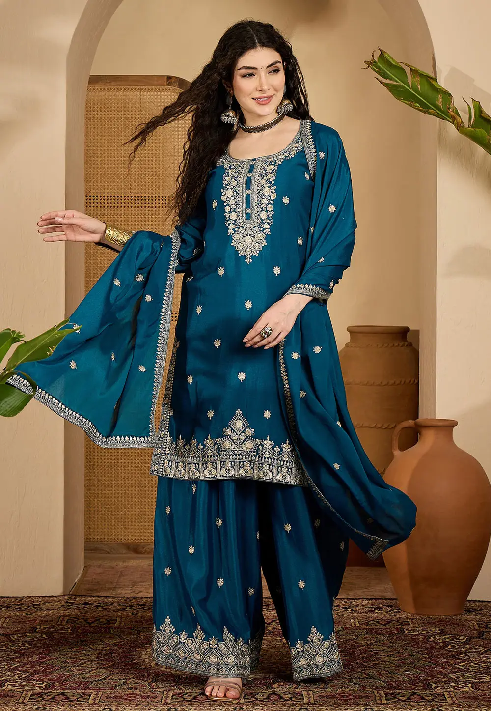 Teal Chinon Silk Readymade Palazzo Suit 337237
