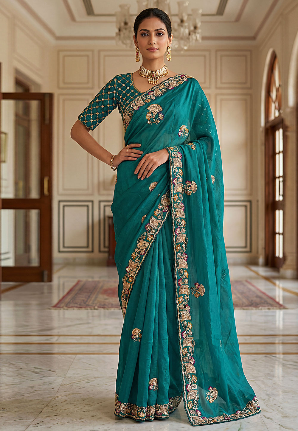 Teal Chinon Silk Saree With Blouse 327665