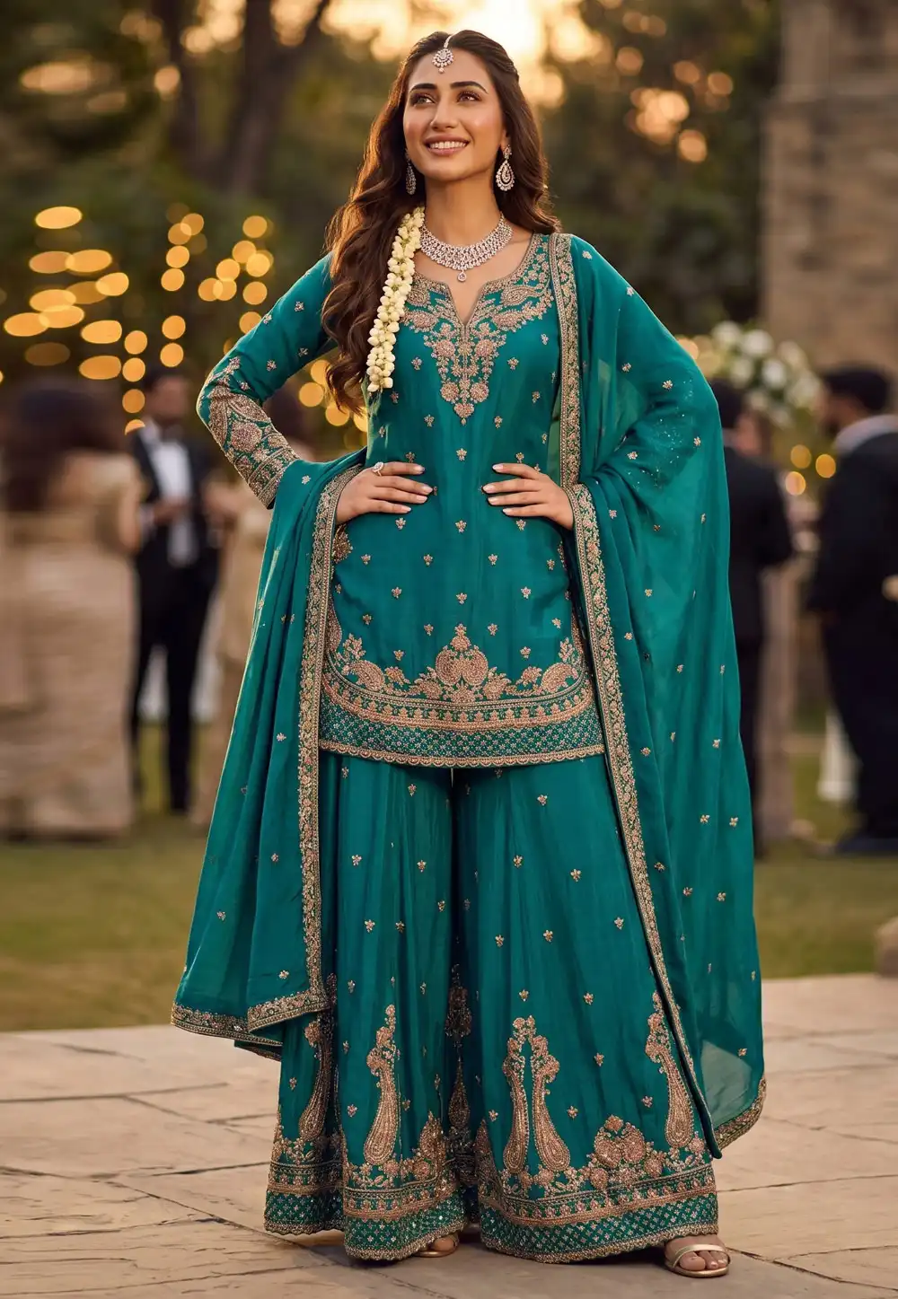 Teal Chinon Silk Sharara Suit 328363
