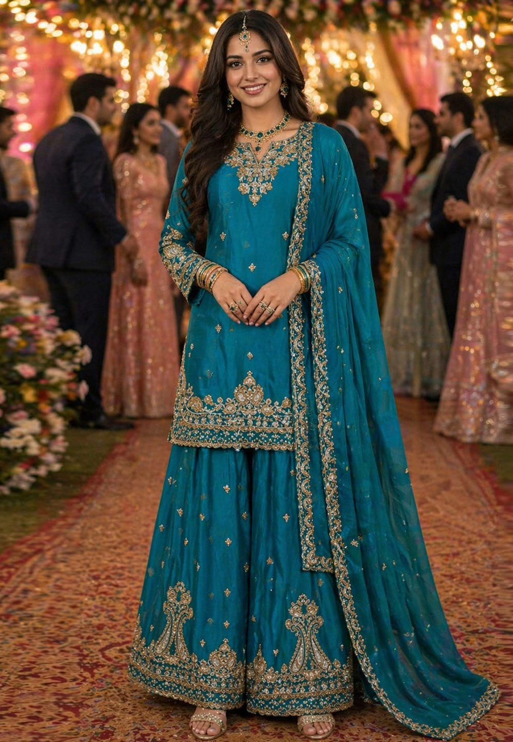 Teal Chinon Silk Sharara Suit 328515