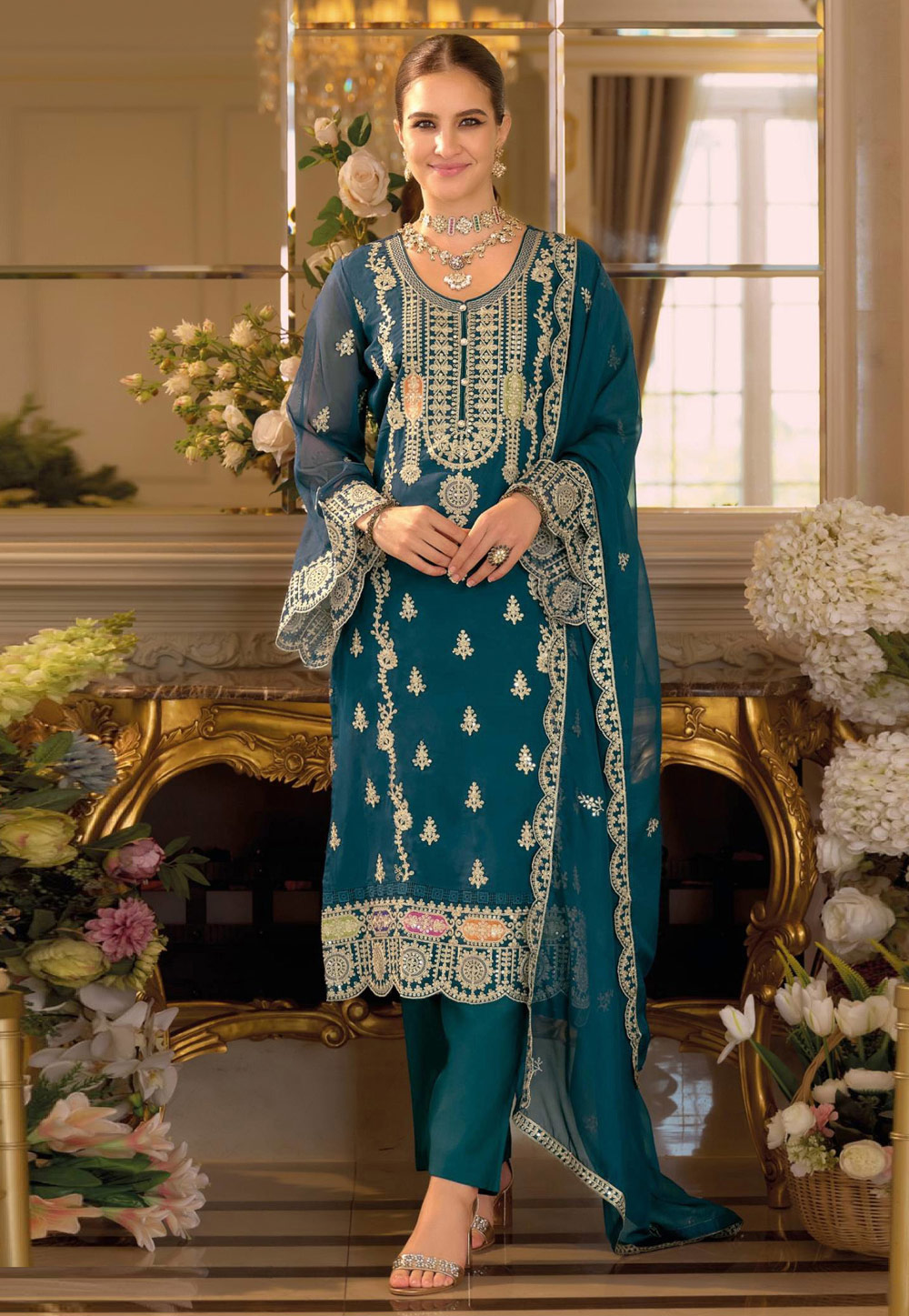 Teal Chinon Straight Suit 321154