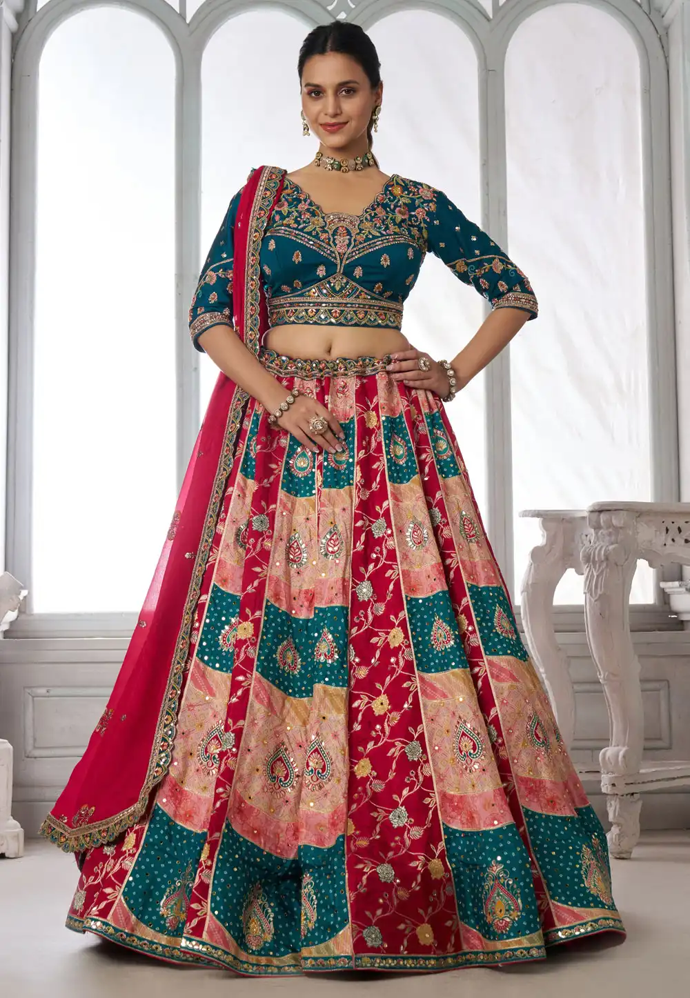 Teal Chinon Wedding Lehenga Choli 329401